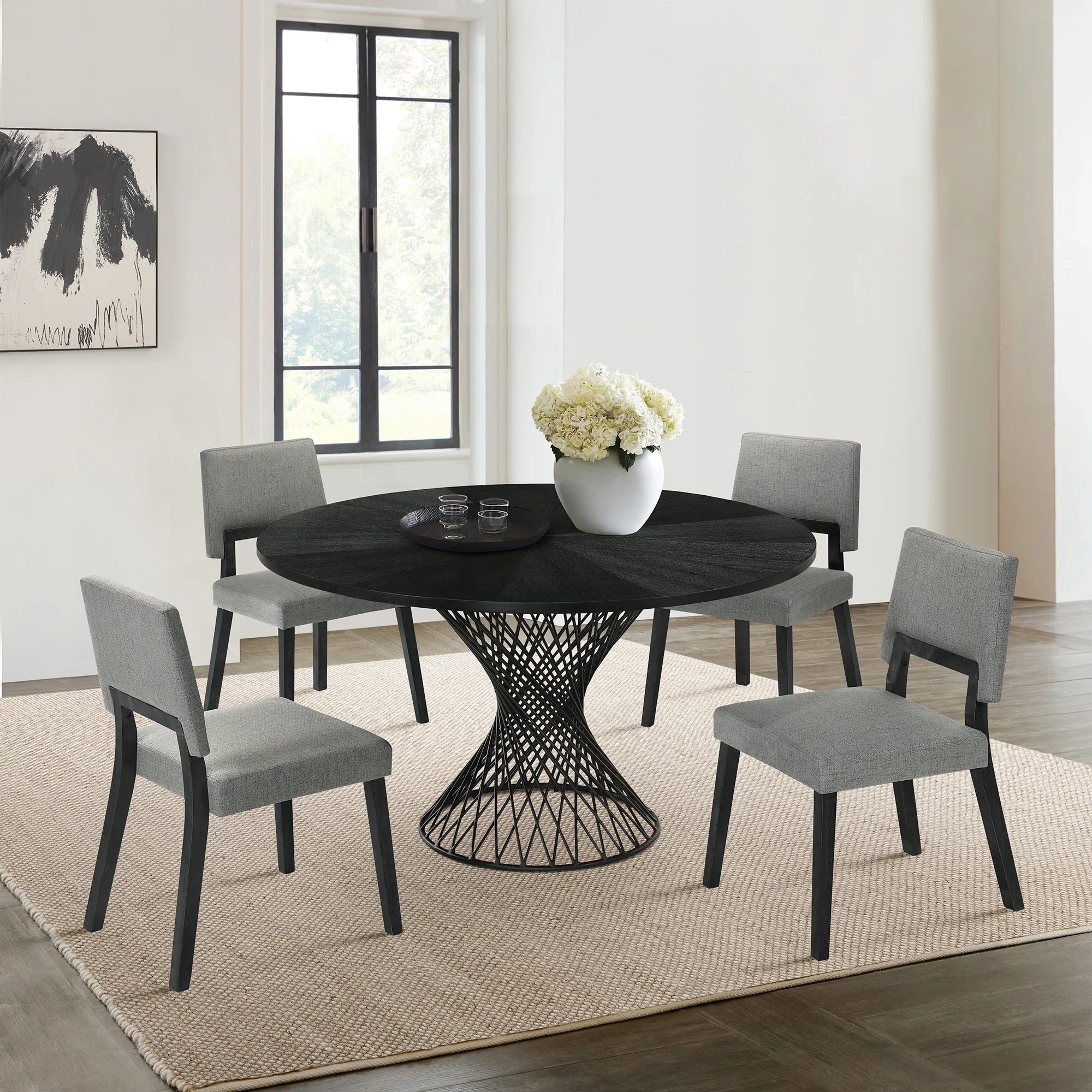 Cirque Channell 5 Piece Black Wood Dining Table Set with Charcoal Fabric By Armen Living