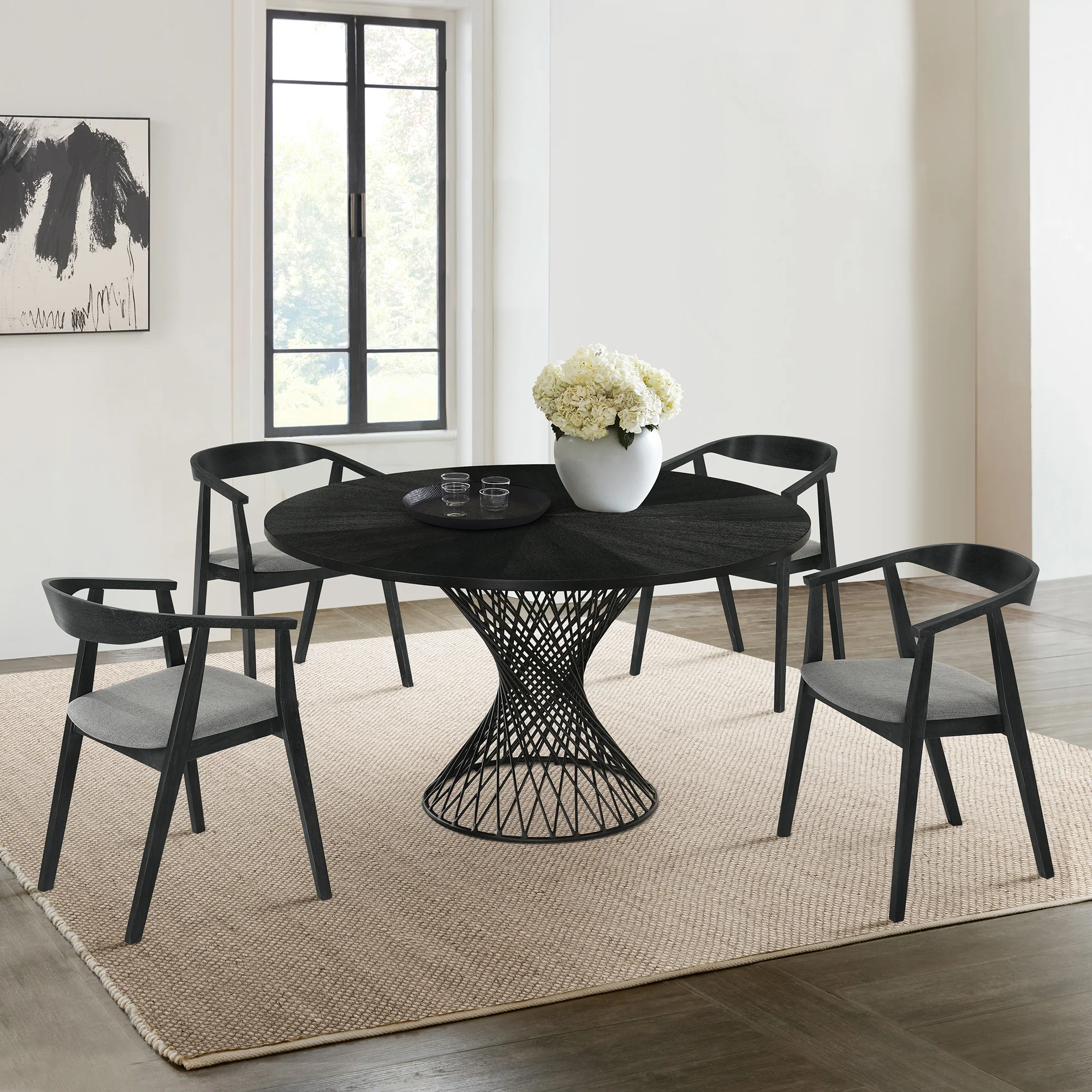 Cirque Santana 5 Piece Black Wood Dining Table Set with Charcoal Fabric By Armen Living