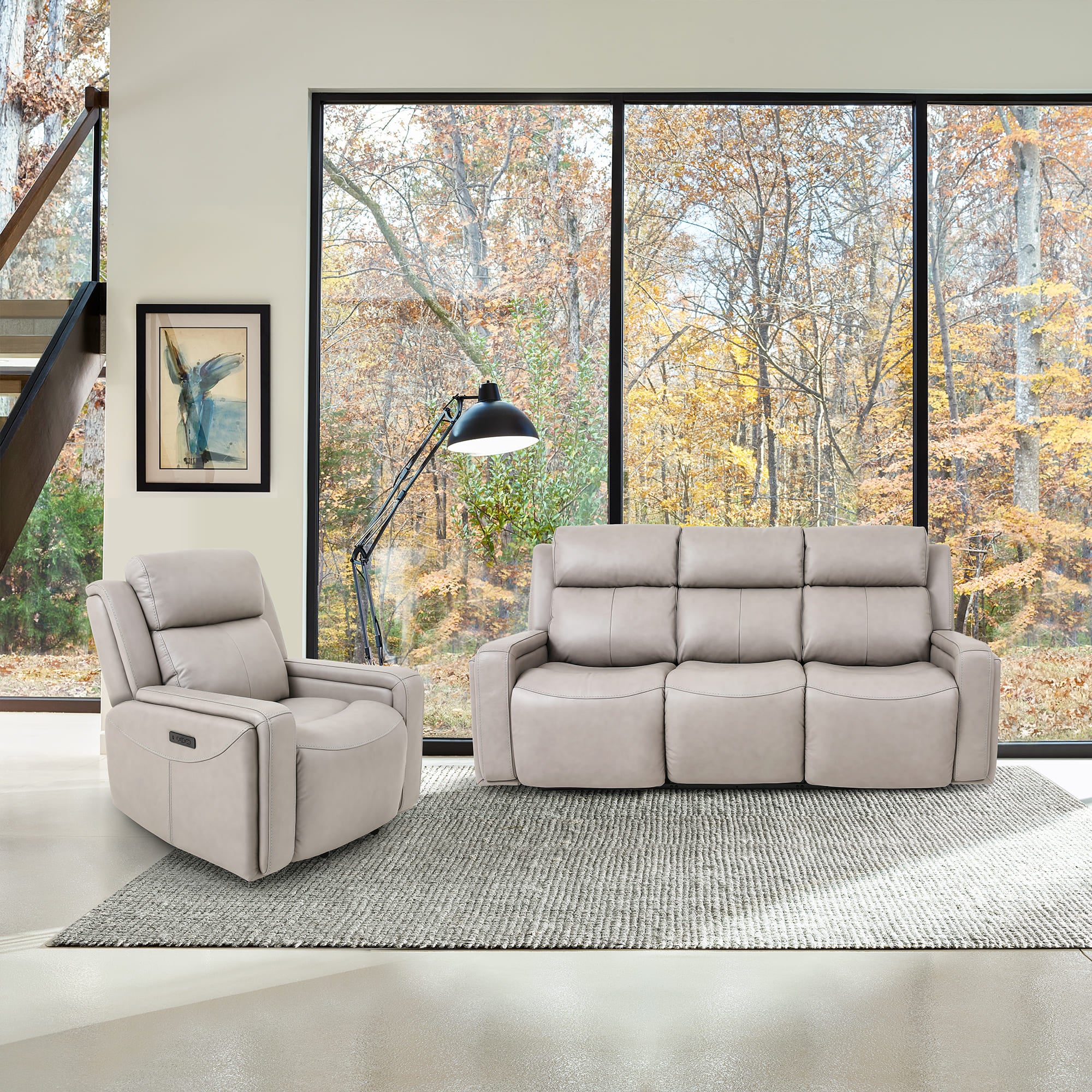 Claude Dual Power Headrest and Lumbar Support Reclining 2 Piece Sofa and Recliner Set in Light Grey Genuine Leather By Armen Living