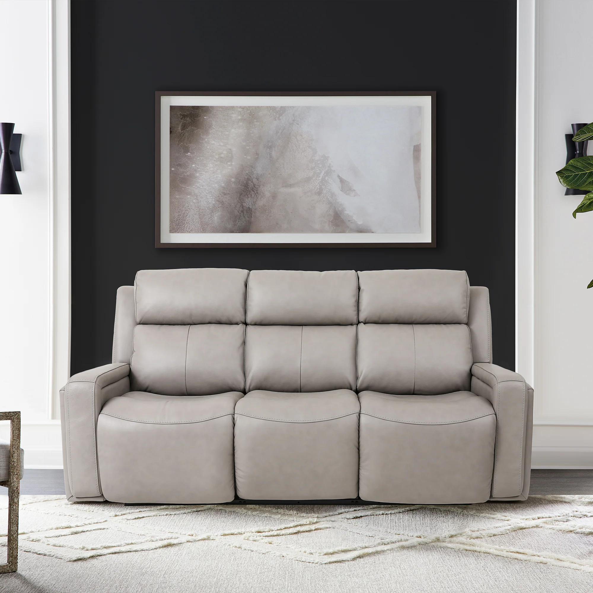 Claude Dual Power Headrest and Lumbar Support Reclining Sofa in Light Grey Genuine Leather By Armen Living