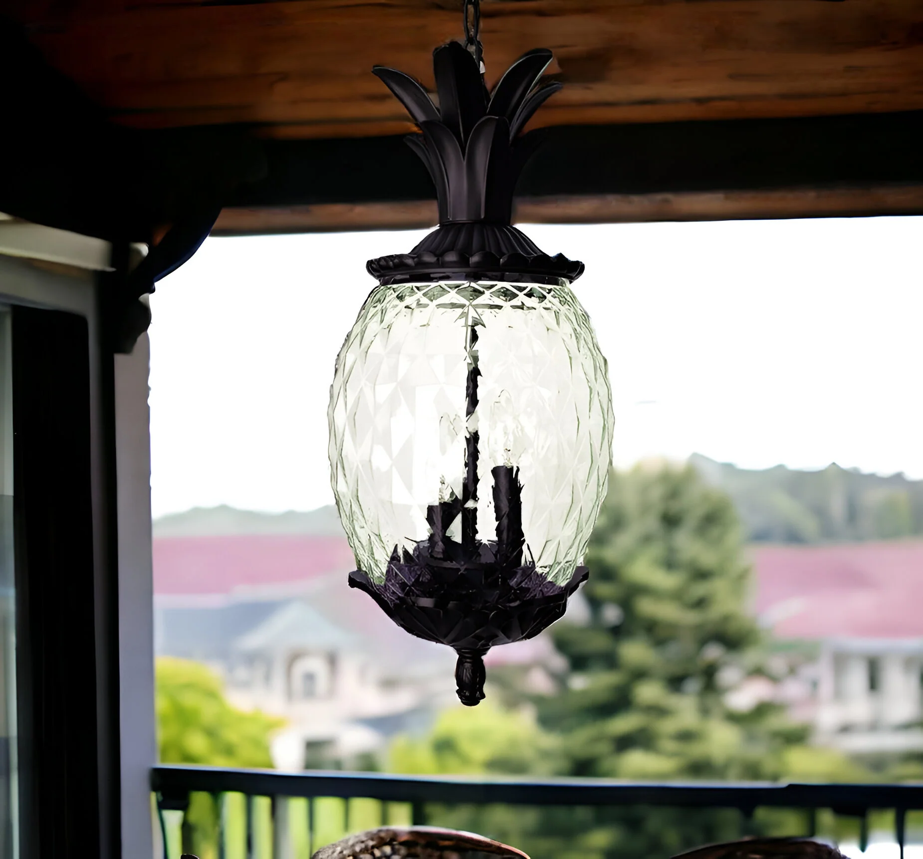 Clear and Black Three Light Pineapple Outdoor Hanging Pendent Light By Homeroots