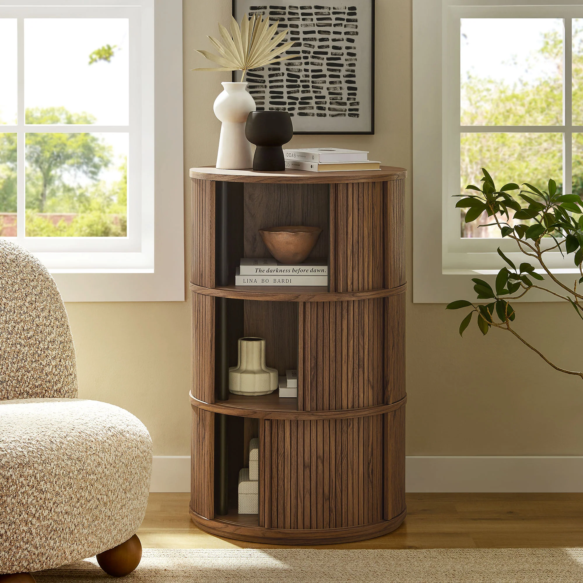 Clement Round Pedestal Stand Storage Table With Sliding Tambour Doors by Modway