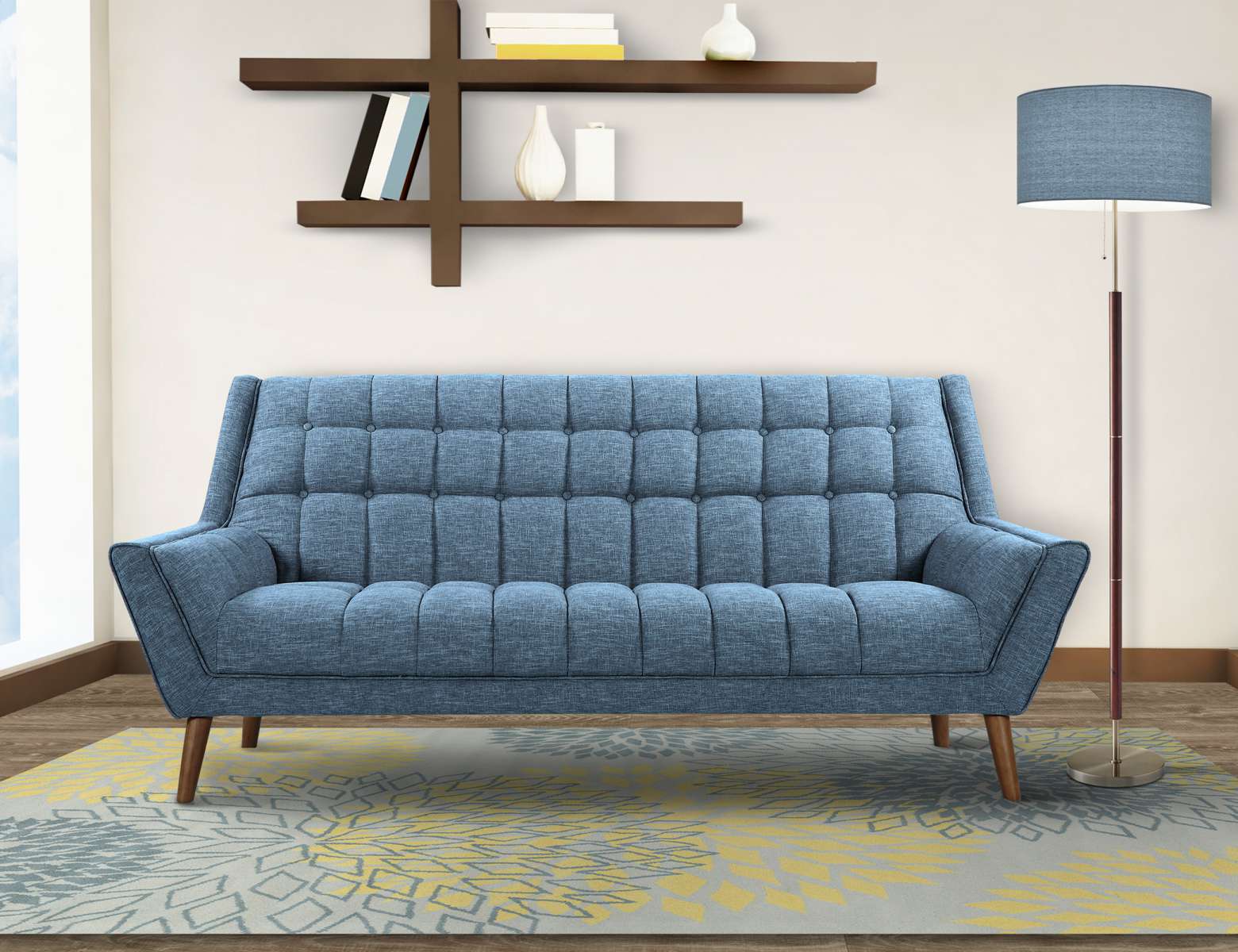 Cobra Mid-Century Modern Sofa in Blue Linen and Walnut Legs By Armen Living