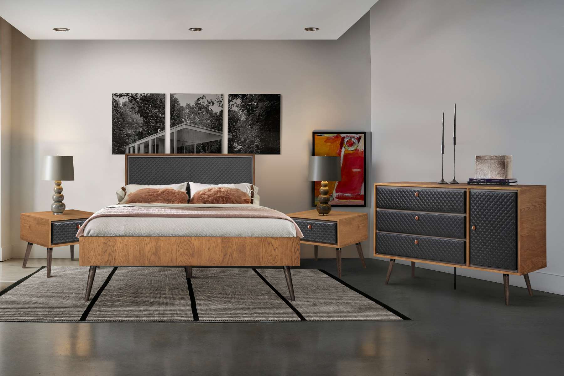Coco Rustic 4 piece Upholstered Platform Bedroom Set in Queen with Dresser and 2 Nightstands By Armen Living