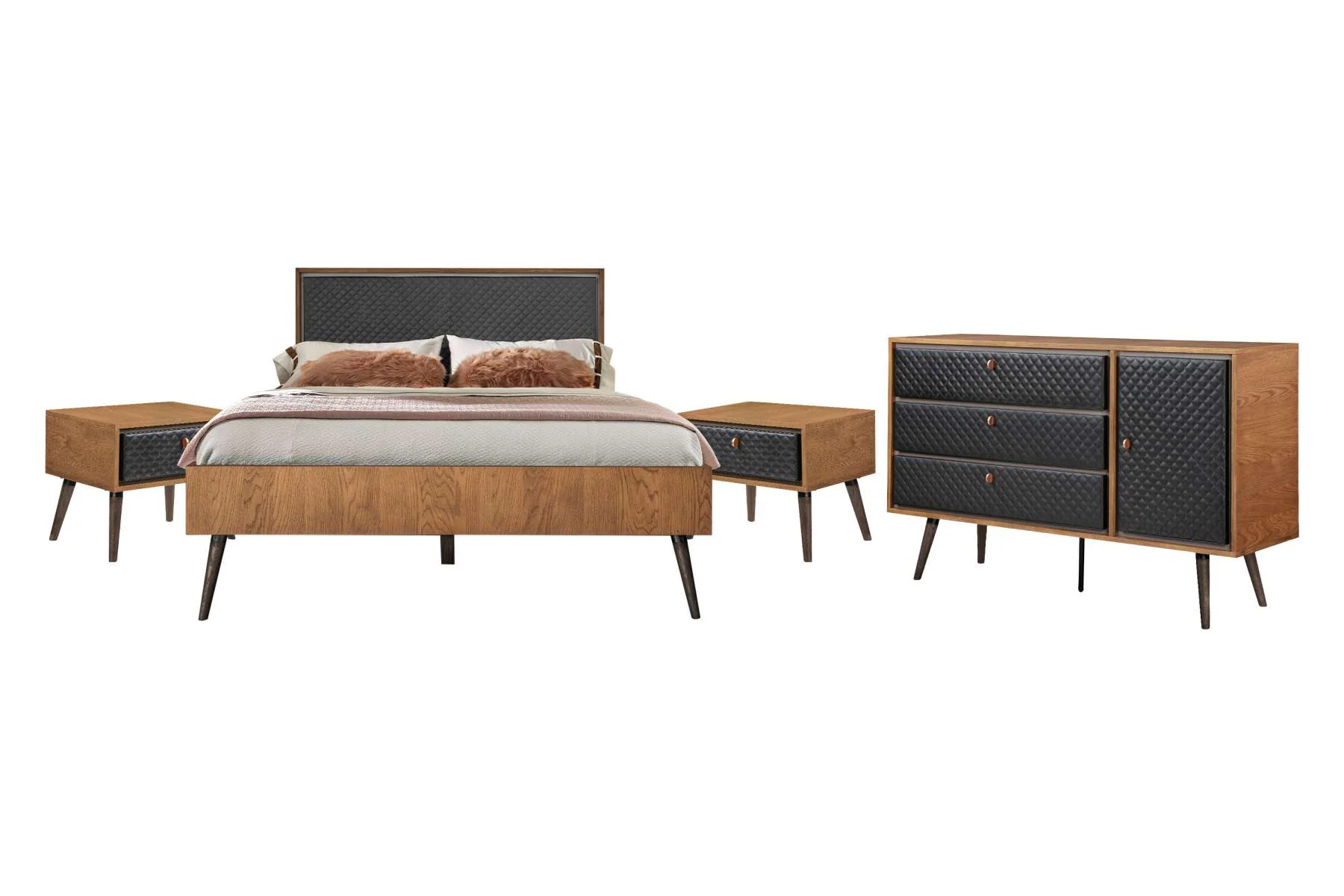 Coco Rustic 4 piece Upholstered Platform Bedroom Set in Queen with Dresser and 2 Nightstands By Armen Living - Image 2