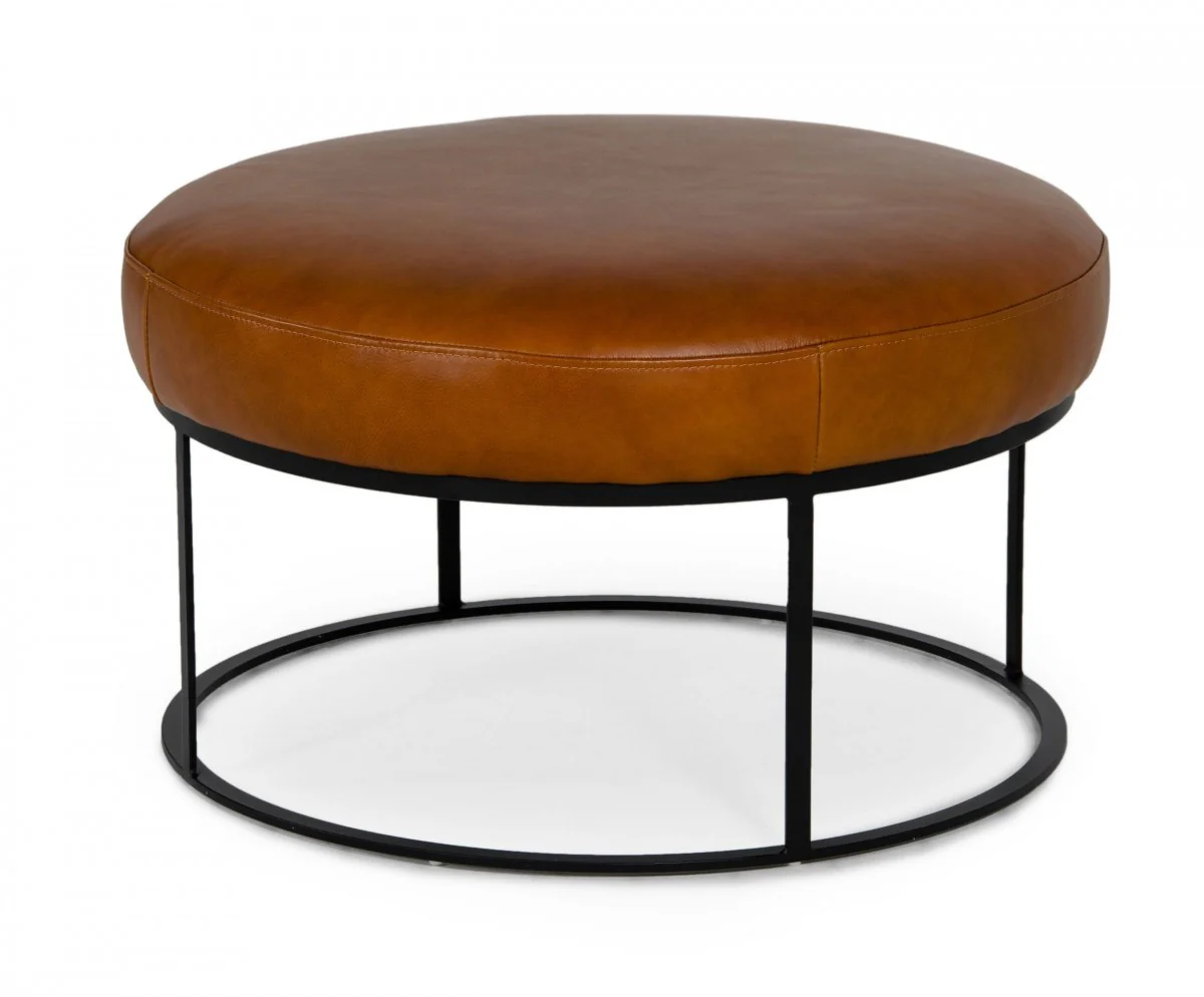 Compact 30" Round Camel Leather Ottoman Stool By Homeroots