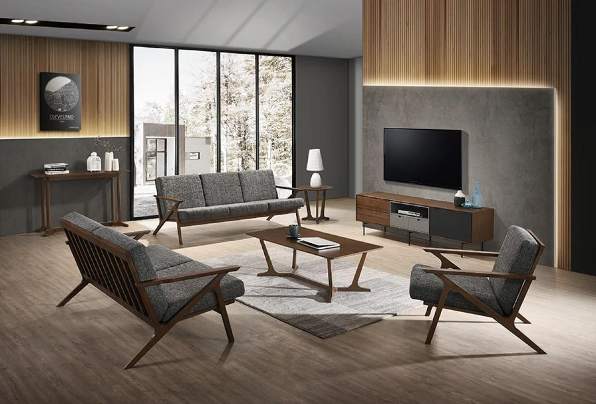 Compact 44" Grey Fabric And Walnut Veneer Loveseat By Homeroots