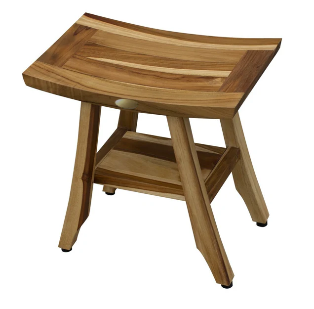 Compact Rectangular Teak Shower Outdoor Bench with Shelf in Natural Finish By Homeroots - 376744