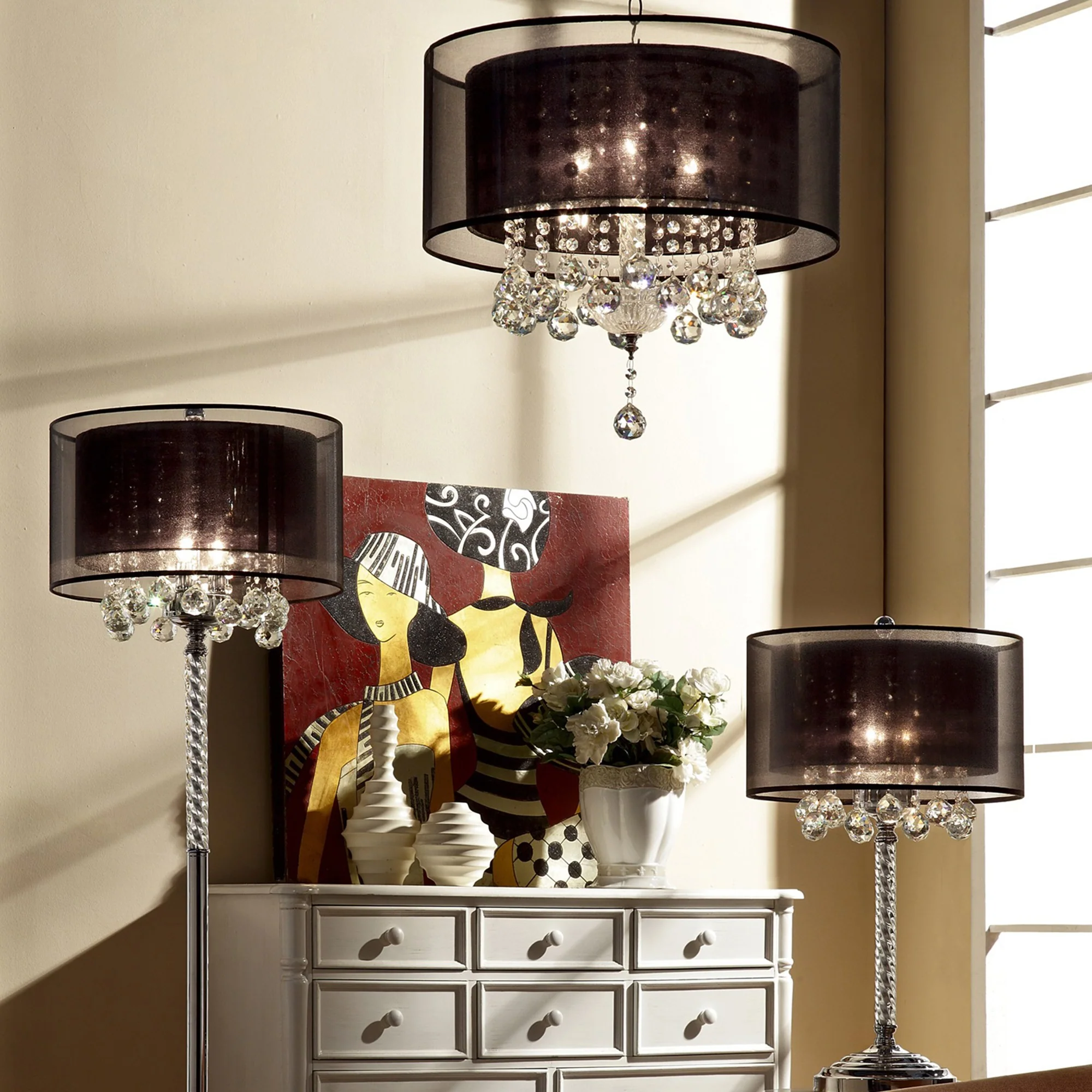 Contempo Silver Ceiling Lamp with Black Shade and Crystal Accents By Homeroots