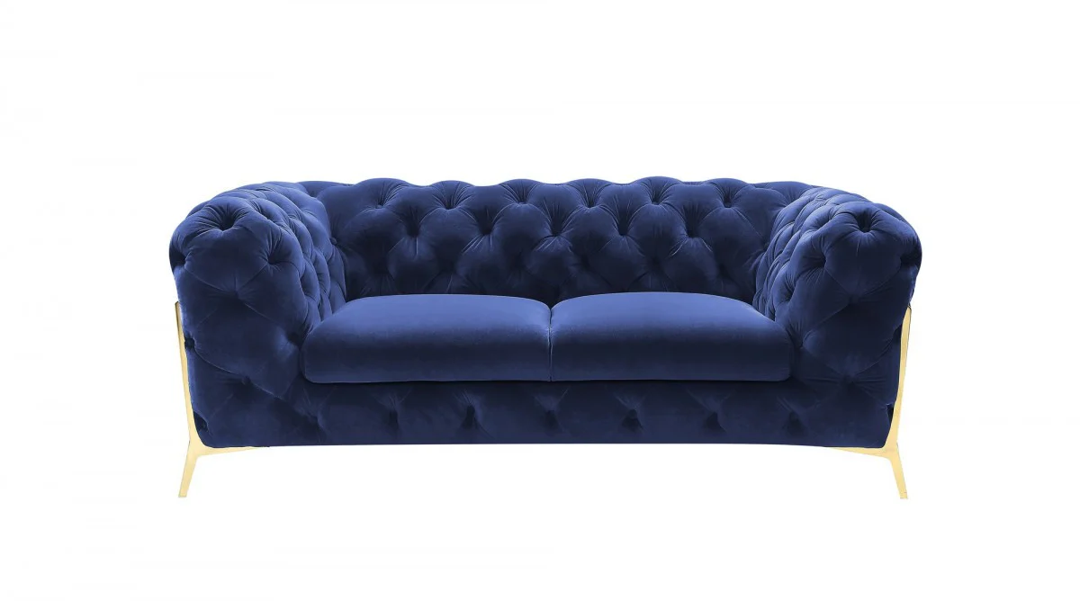 Contemporary 74" Blue Velvet And Gold Loveseat By Homeroots