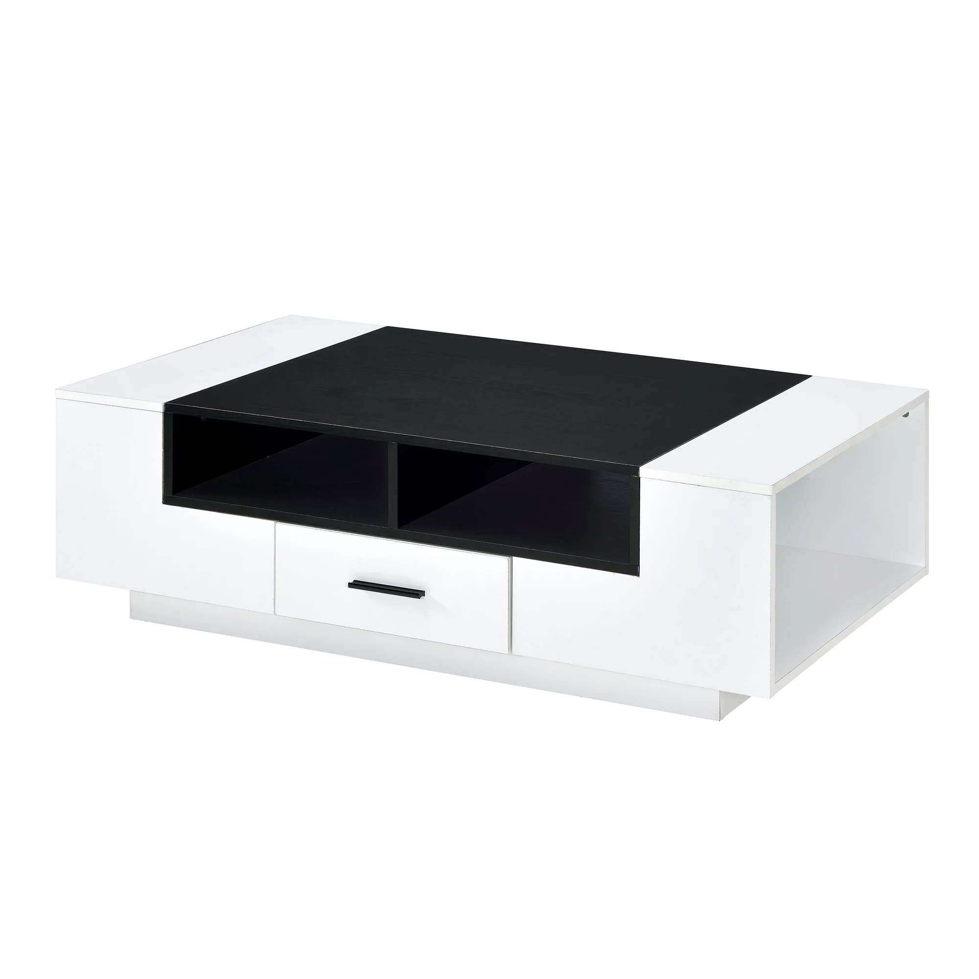 Contemporary Coffee Table With Drawer And Open Compartment, Black And White By Benzara