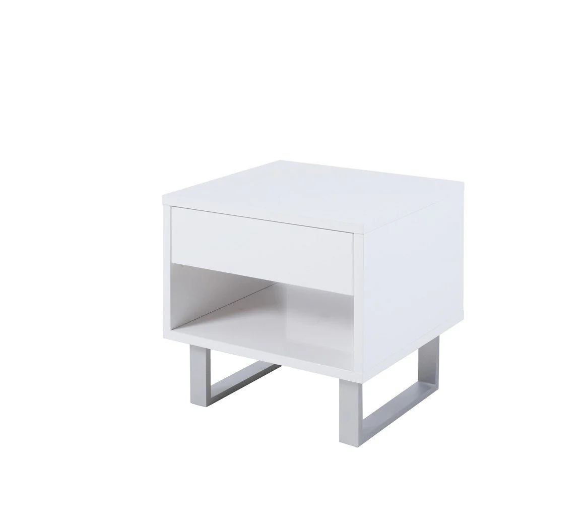 Contemporary Storage End Table With Metallic Base, Glossy White By Benzara