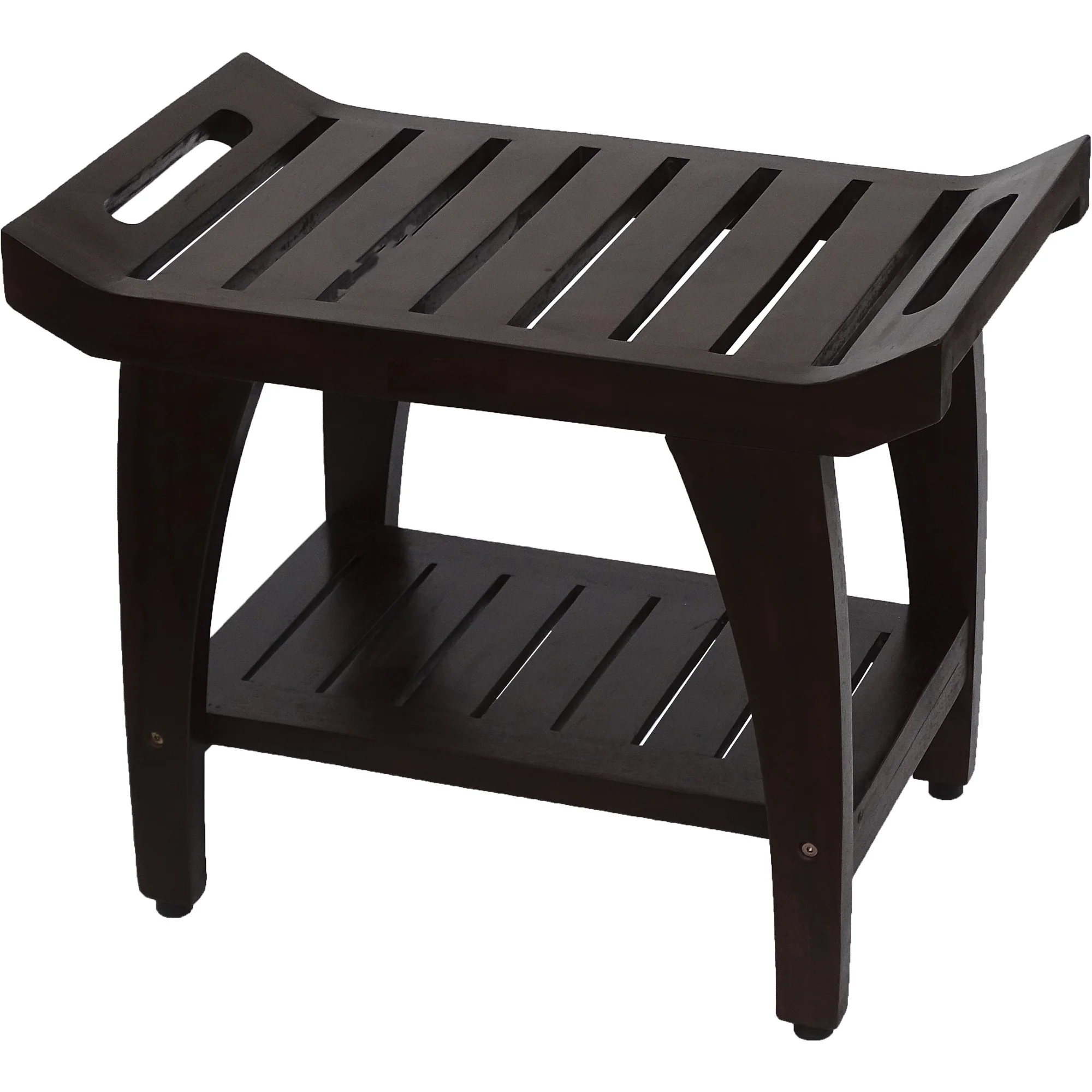 Contemporary Teak Shower Bench with Shelf and Handles in Brown Finish By Homeroots - 376682