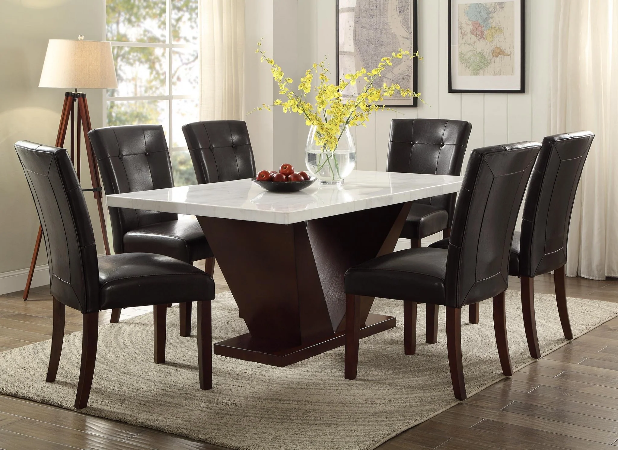 Contemporary White Marble And Walnut Dining Table By Homeroots