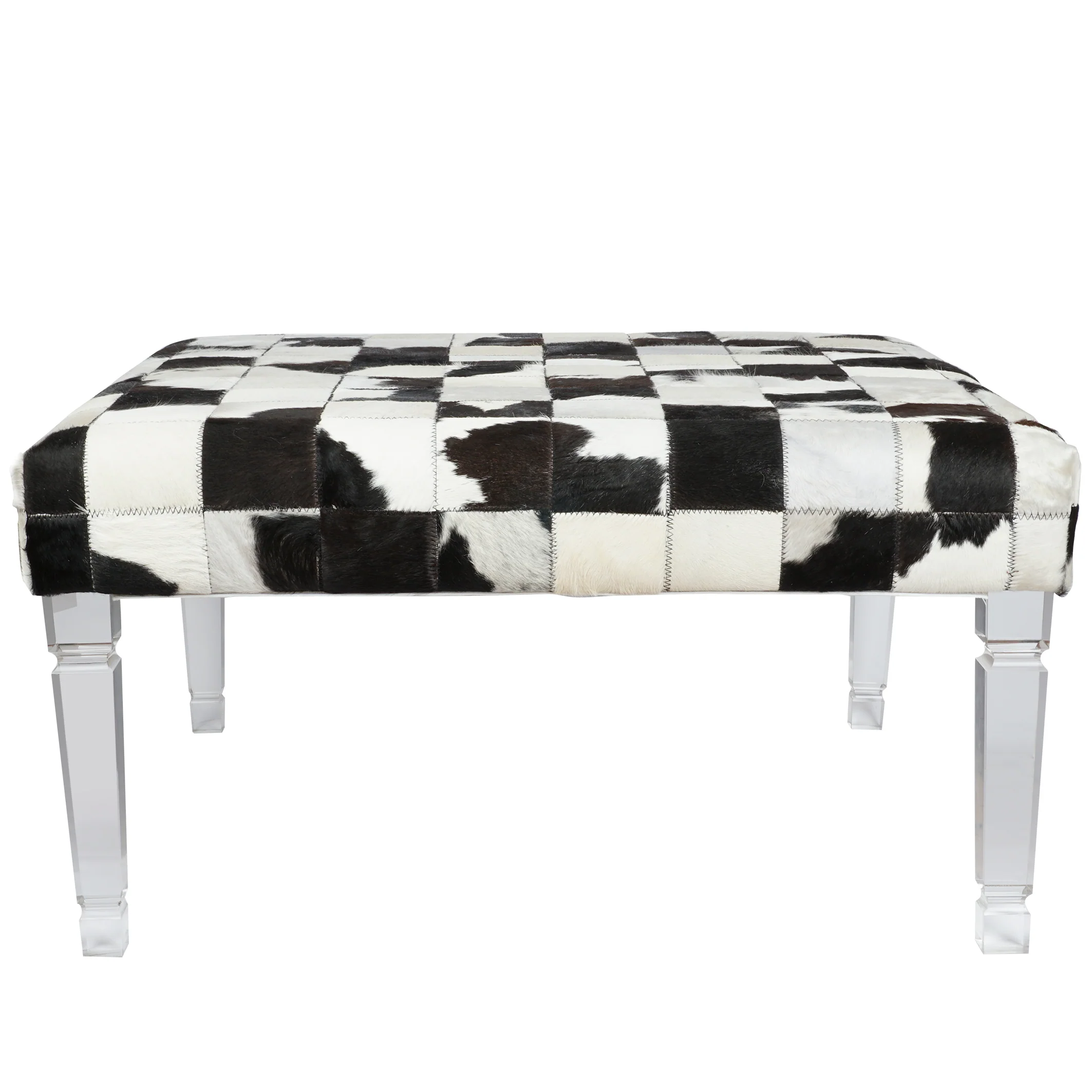 Cow Hide Upholstered Bench with Acrylic Legs, White and Black By Benzara