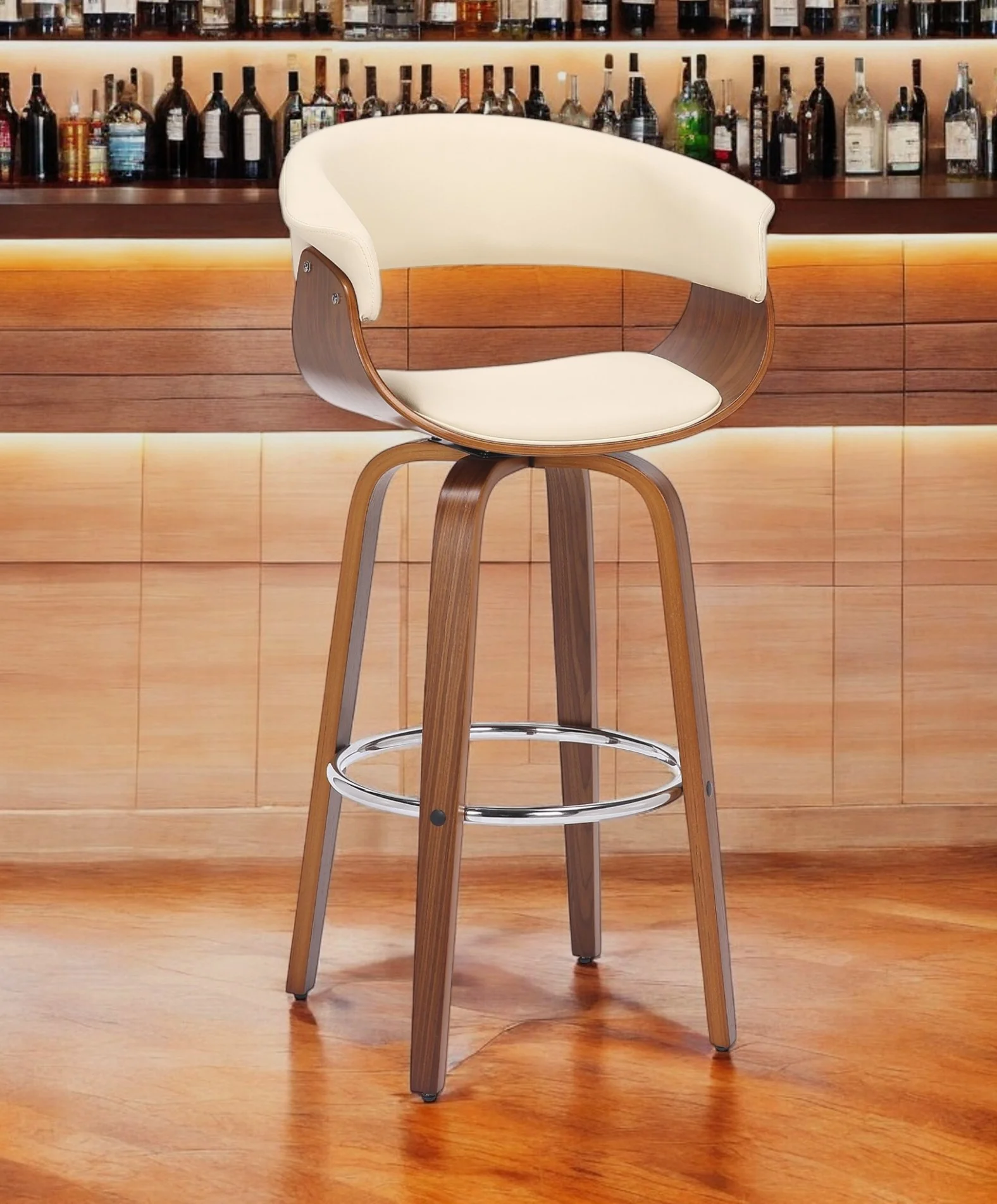 Cream and Brown Faux Leather and Solid Wood Low Back Counter Height Swivel Bar Chair By Homeroots