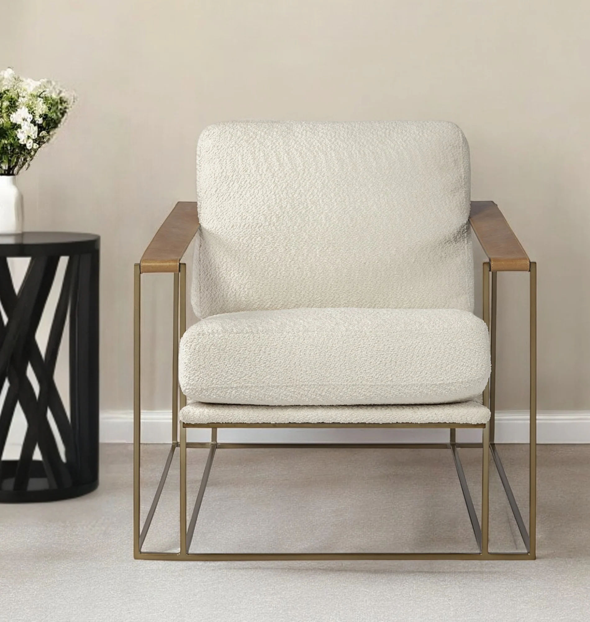 Cream and Gold Linen Lounge Chair By Homeroots