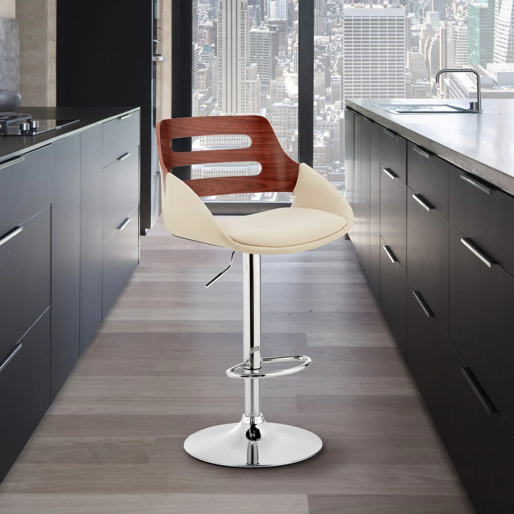 Cream Faux Leather and Walnut Wood Adjustable Bar Stool By Homeroots