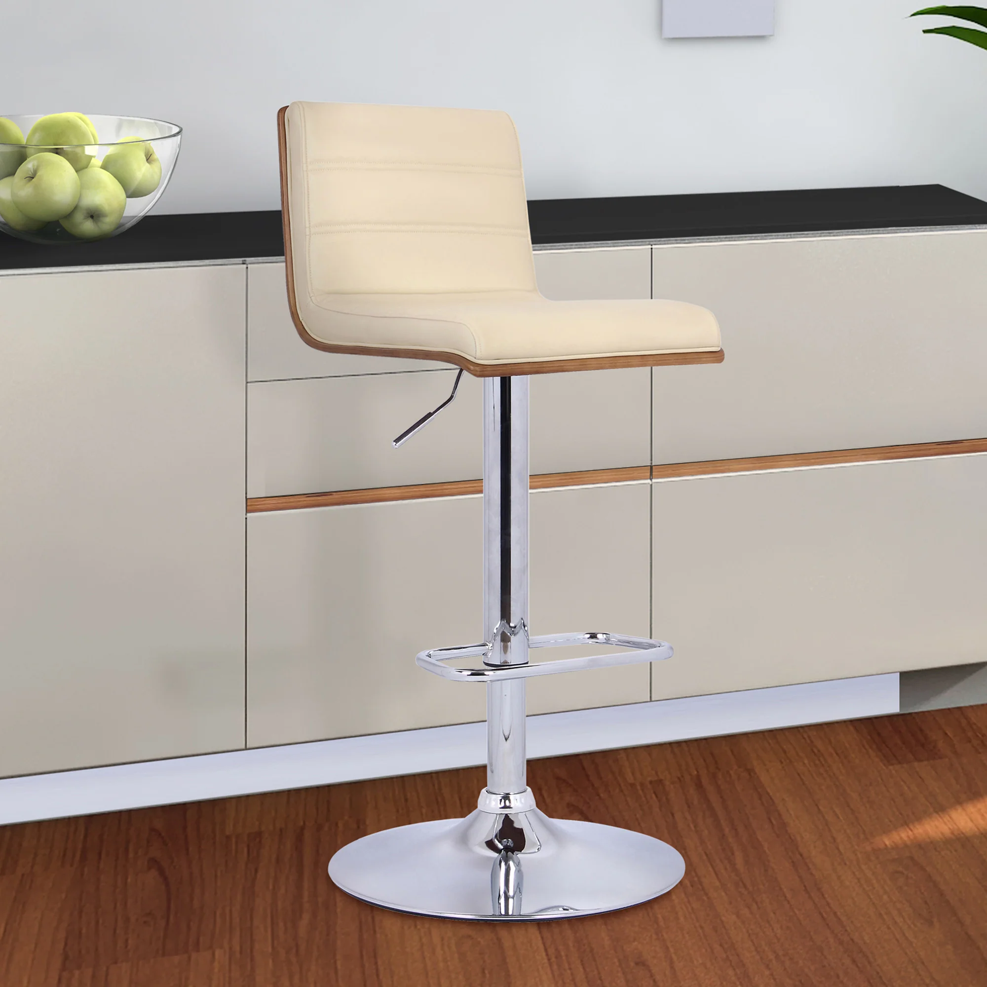 Cream Faux Leather Walnut and Chrome Adjustable Swivel Bar Stool By Homeroots