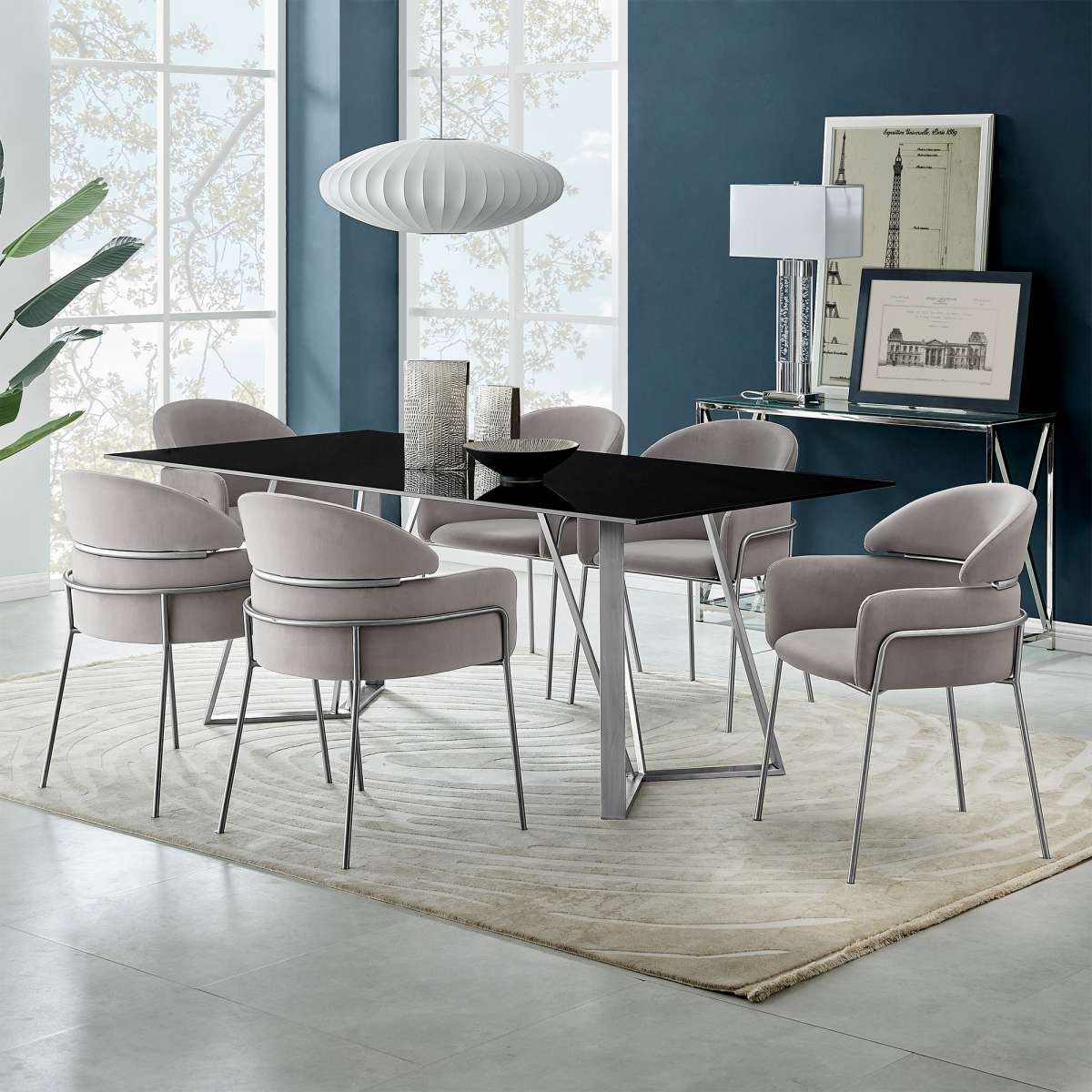 Cressida and Portia Gray Fabric 7 Piece Rectangular Dining Set By Armen Living