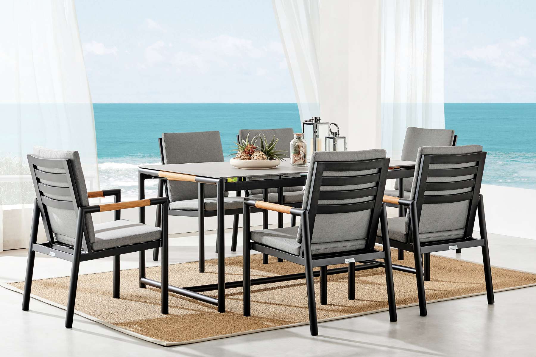 Crown 7 Piece Black Aluminum and Teak Outdoor Dining Set with Dark Gray Fabric By Armen Living