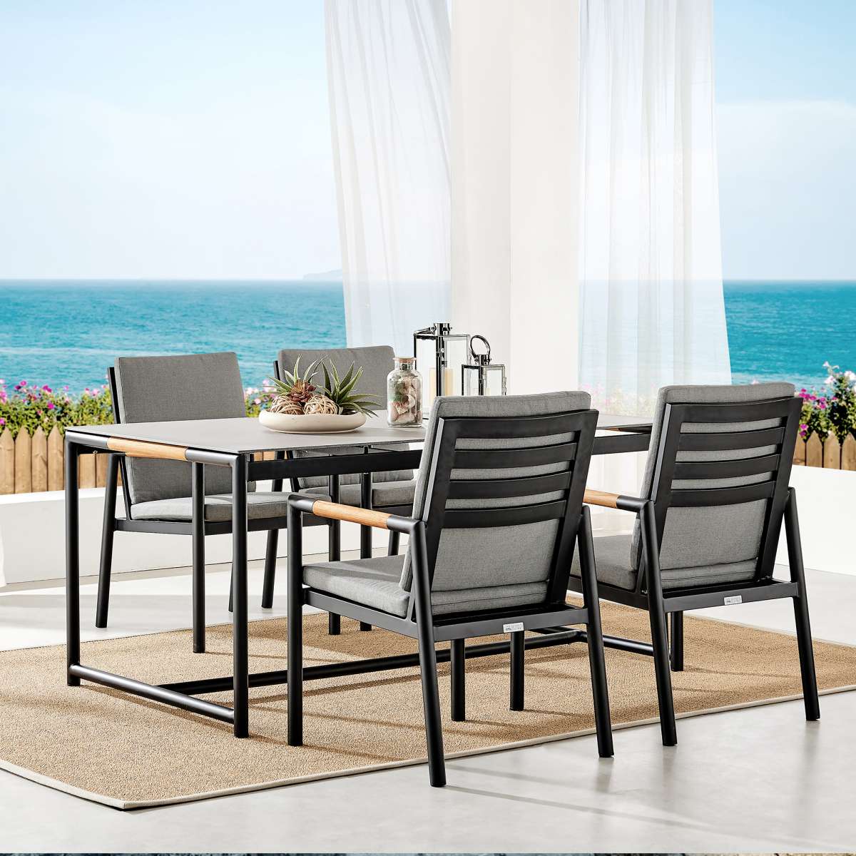 Crown Black Aluminum and Teak Outdoor Dining Table with Stone Top By Armen Living