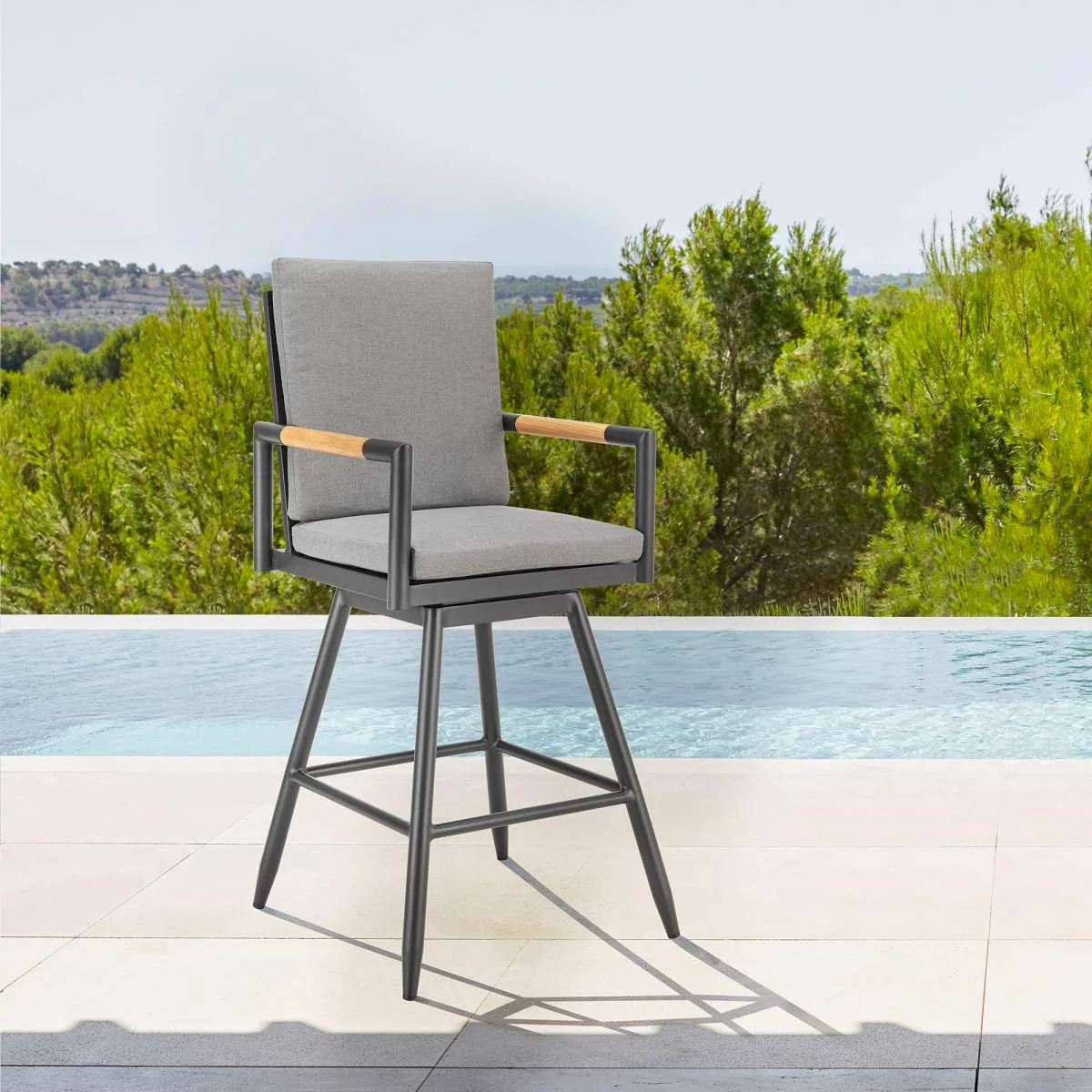 Crown Outdoor Patio Swivel Bar Stool in Aluminum with Tan Rope and Dark Gray Cushions By Armen Living