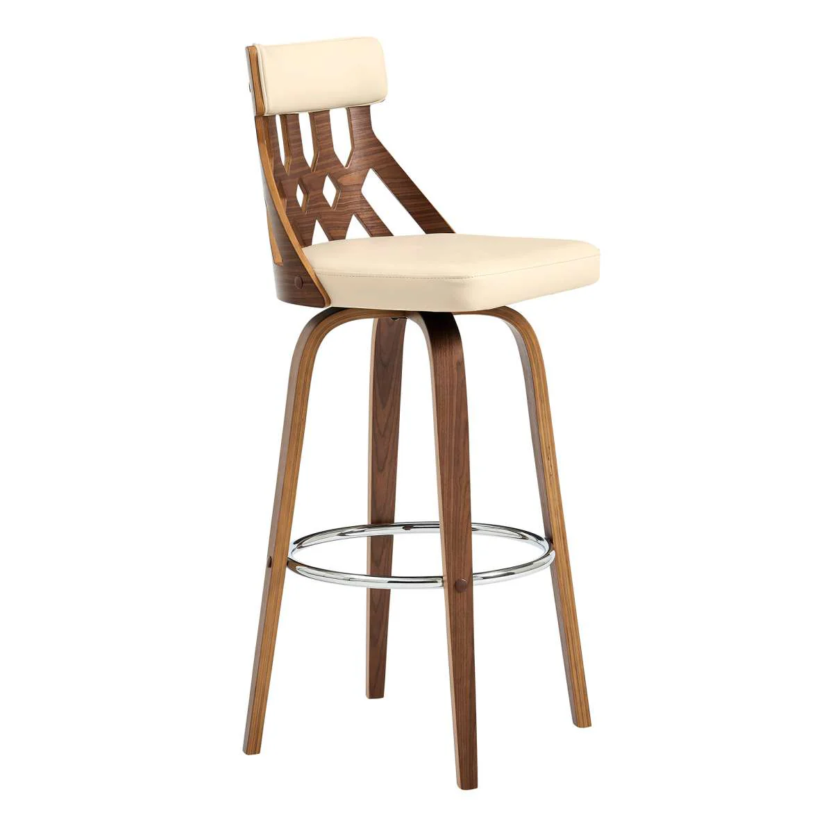 Crux 26" Swivel Bar Stool in Cream Faux Leather and Walnut Wood By Armen Living - Image 2