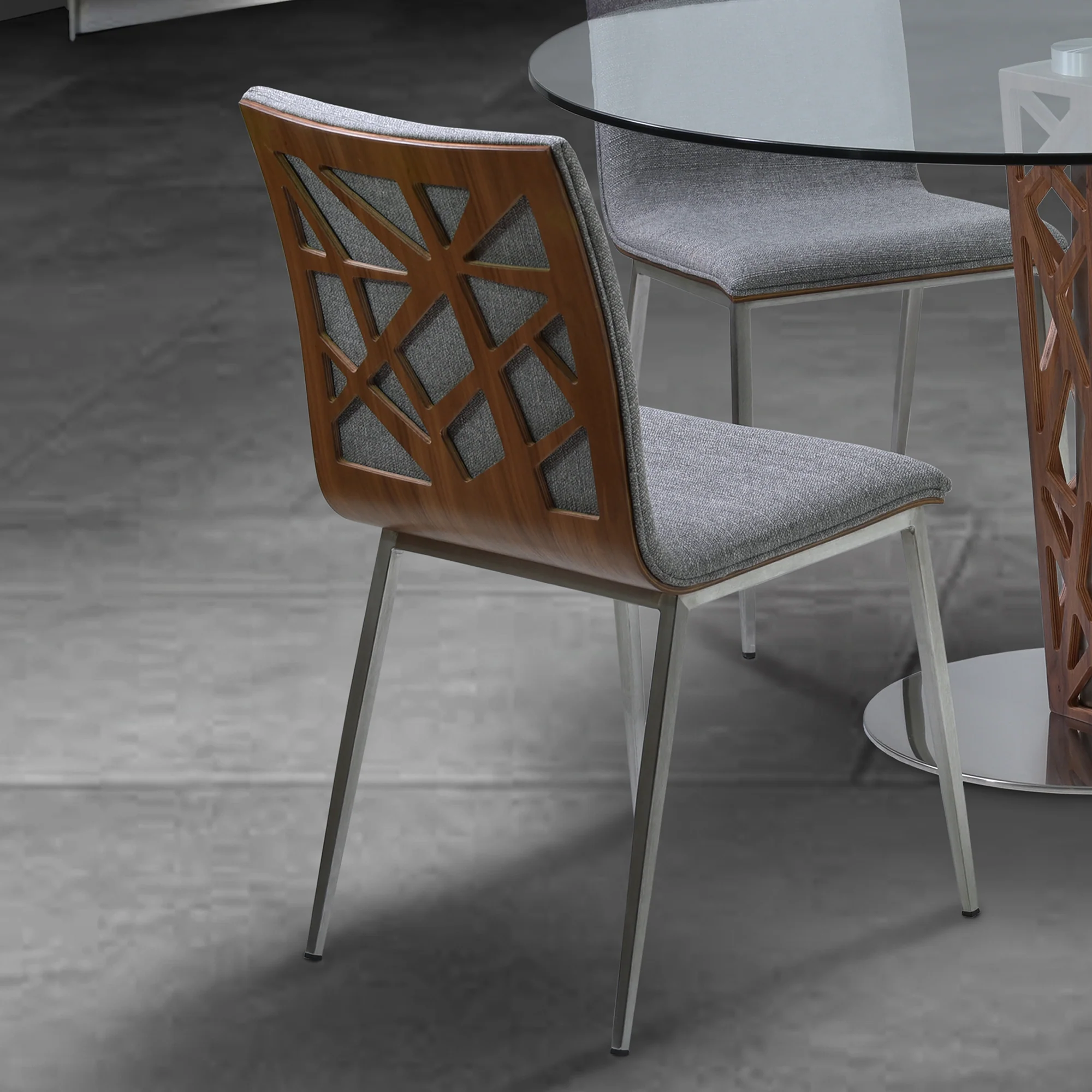 Crystal Dining Chair in Brushed Stainless Steel finish with Gray Fabric and Walnut Back - Set of 2 By Armen Living