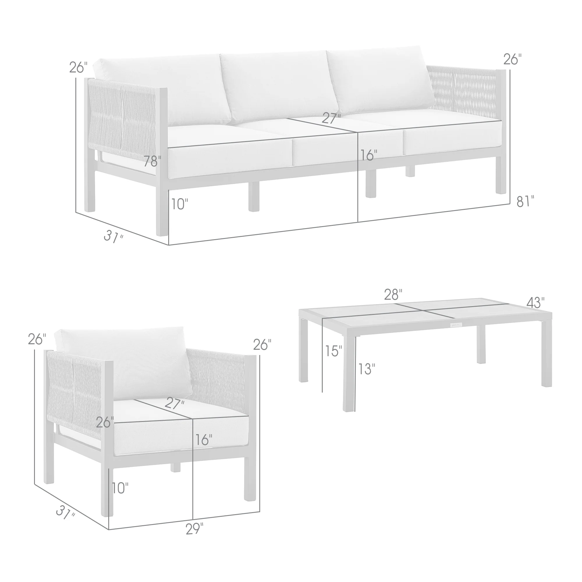 Cuffay 4 Piece Outdoor Patio Furniture Set in Brown Aluminum and Rope with Cushions By Armen Living - Image 19