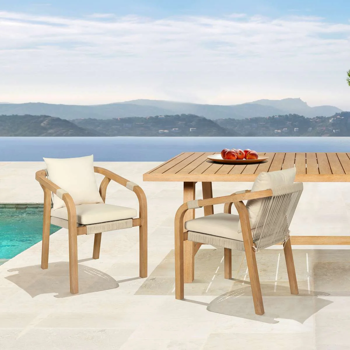 Cypress Outdoor Patio Dining Chair in Blonde Eucalyptus Wood and Light Gray Rope with Ivory Cushions - Set of 2 By Armen Living