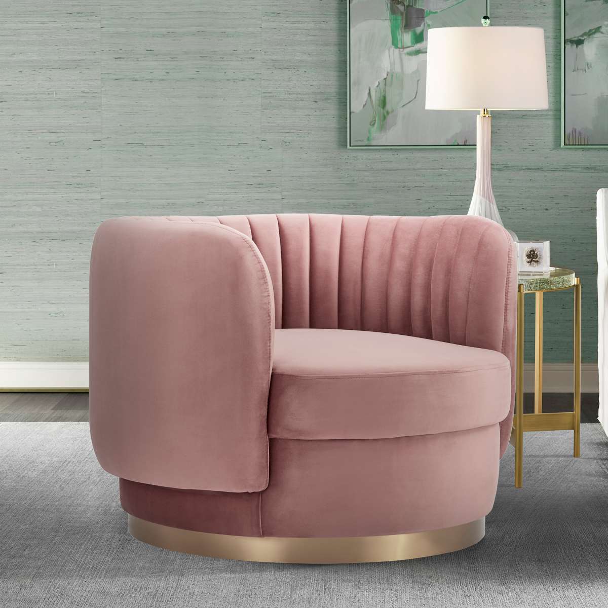 Davy Blush Velvet Swivel Accent Chair with Gold Base By Armen Living
