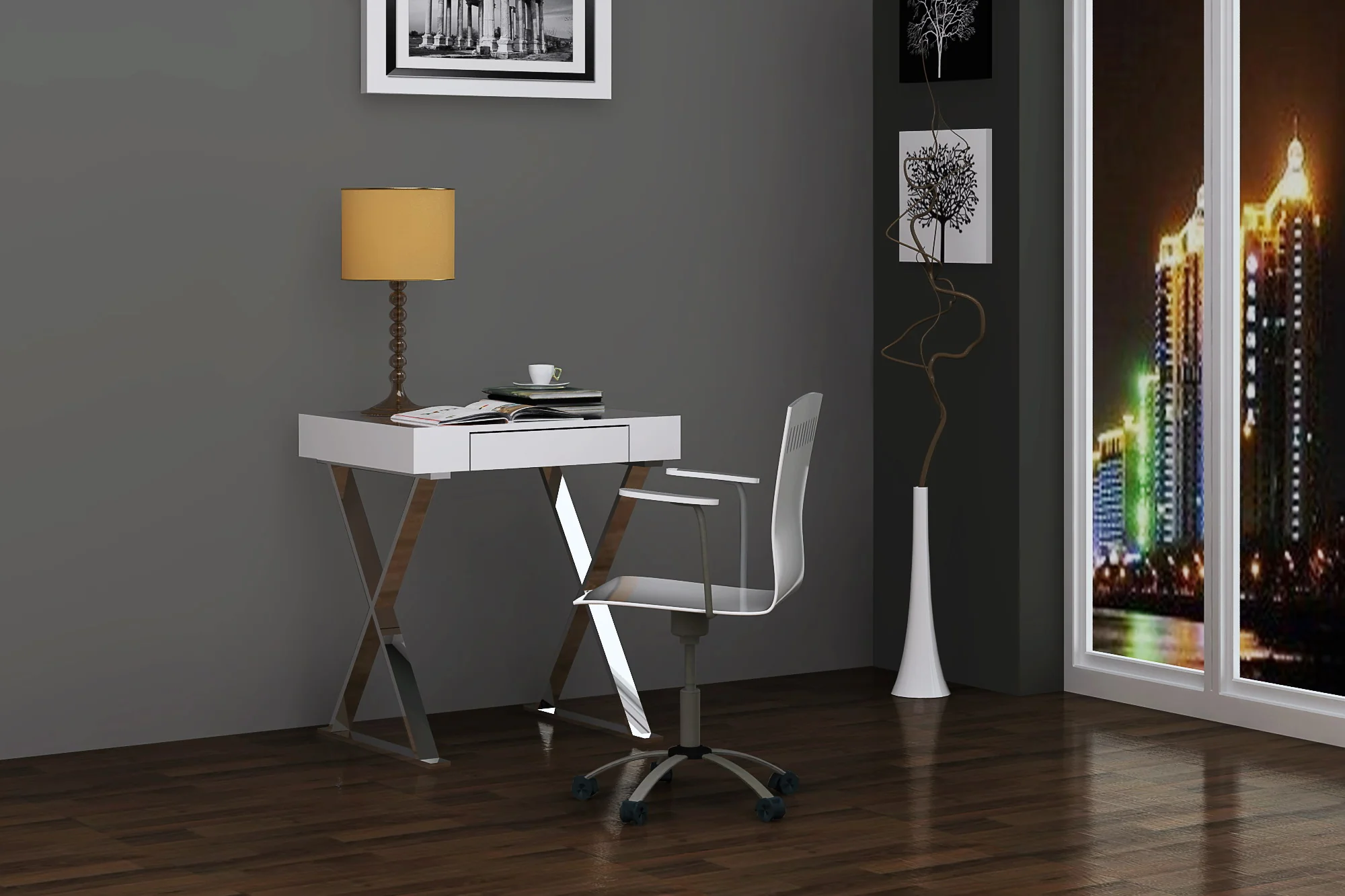 Desk Small High Gloss White One Drawer Stainless Steel Base By Homeroots