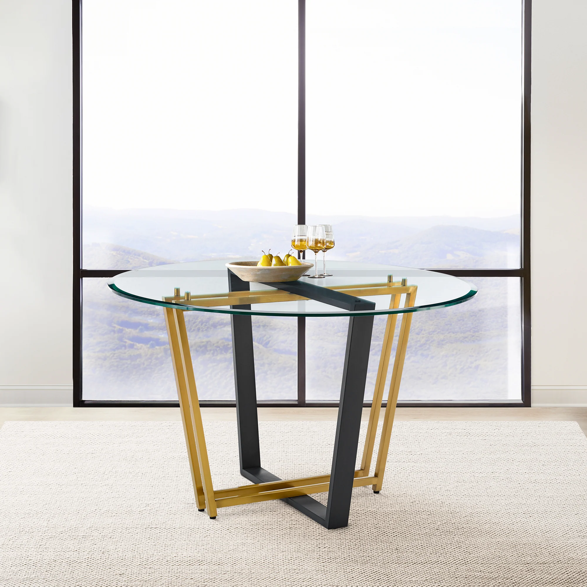 Devi 48" Round Dining Table in Gold Stainless Steel and Black Iron Base with Glass Tabletop By Armen Living