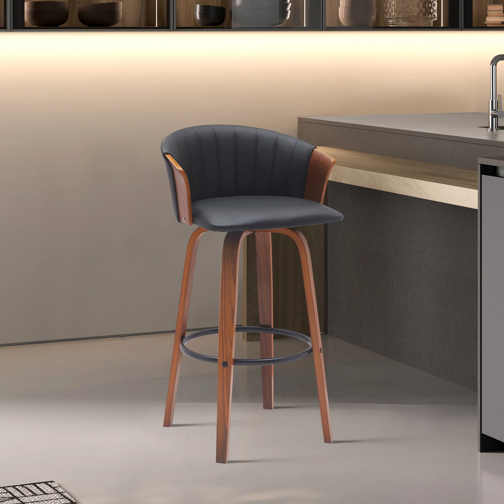 Diana 30" Swivel Walnut Wood Bar Stool in Black Faux Leather By Armen Living