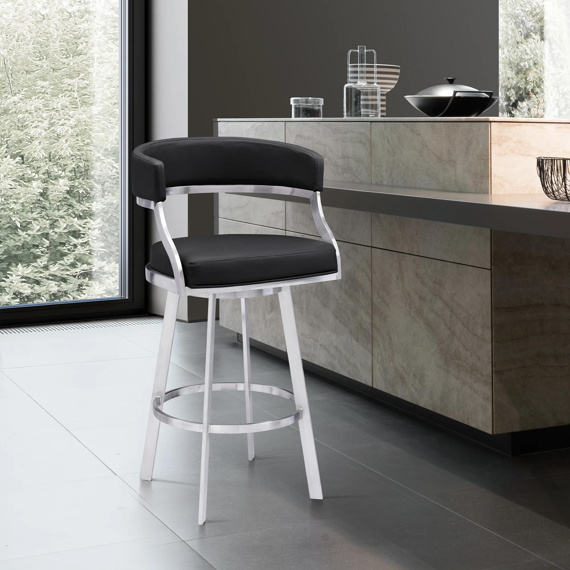 Dione 26" Counter Height Swivel Black Faux Leather and Brushed Stainless Steel Bar Stool By Armen Living