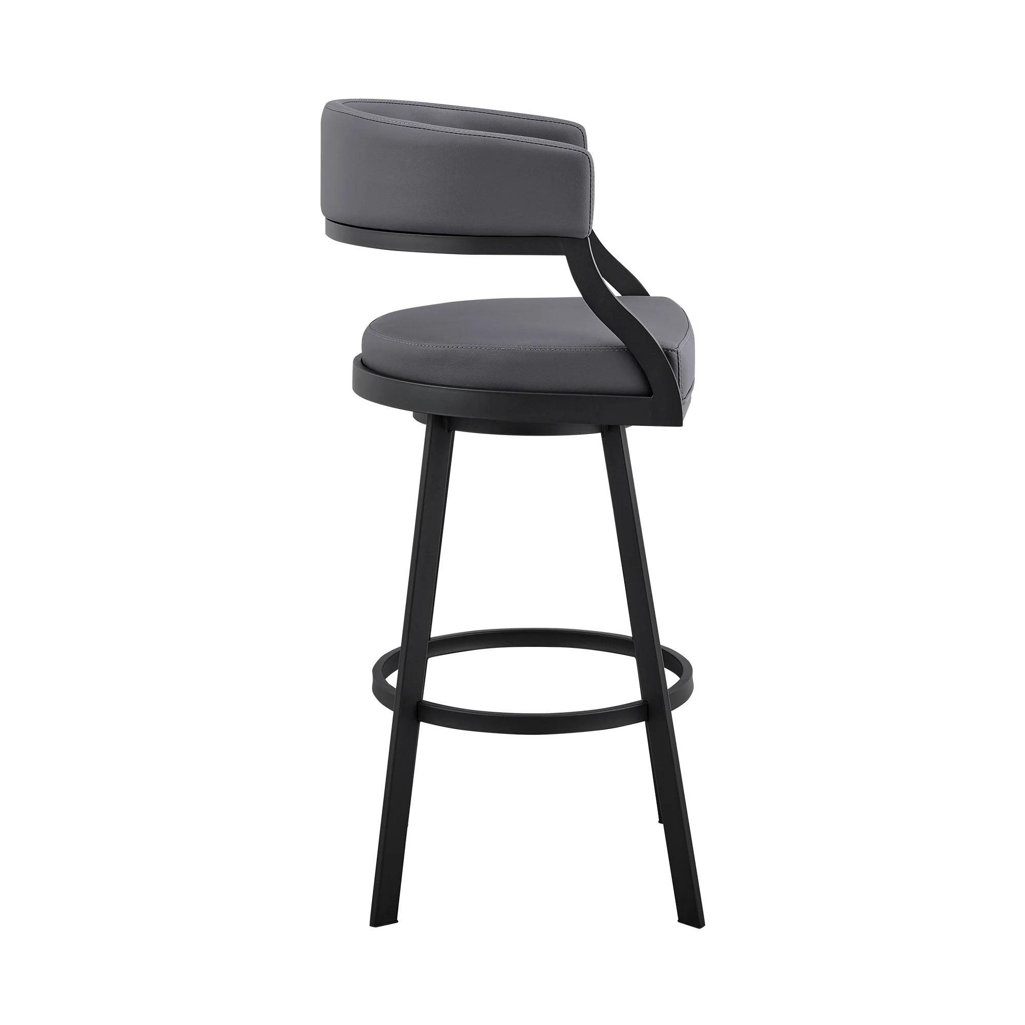 Dione 30" Bar Height Swivel Grey Faux Leather and Black Metal Bar Stool By Armen Living - Image 4