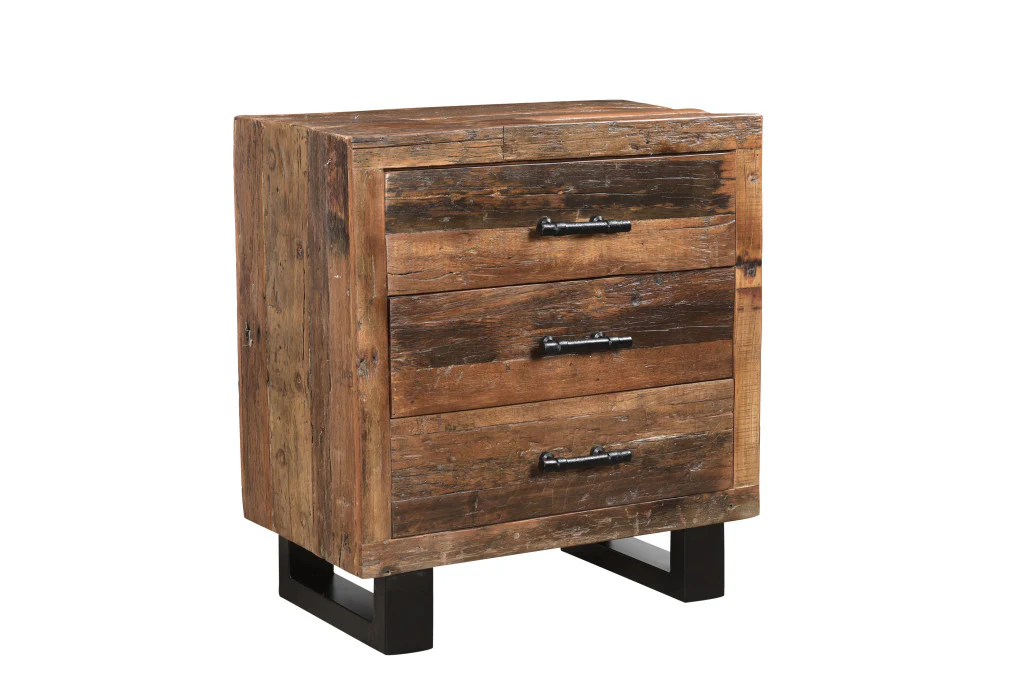 Distressed Dark Brown Three Drawer Wood and Metal Nightstand By Homeroots