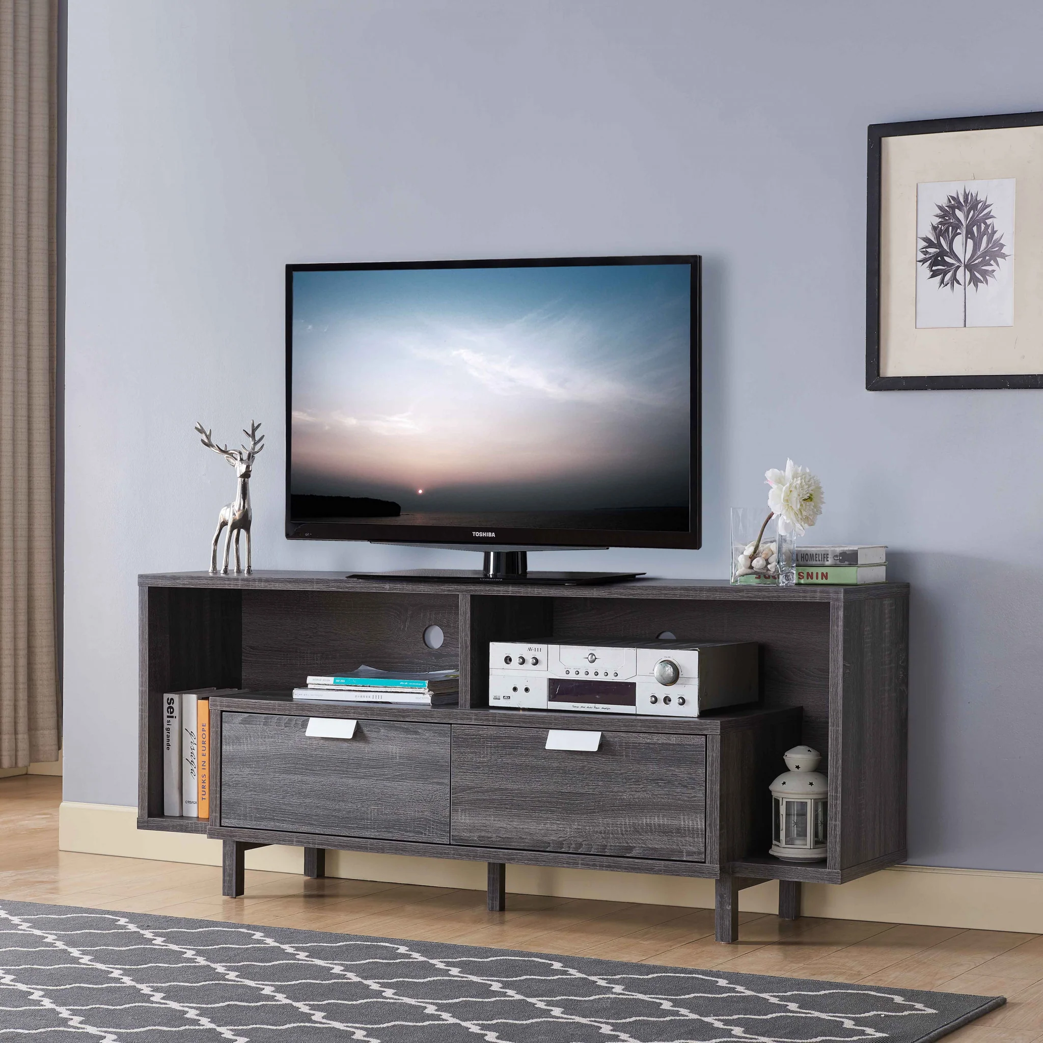 Distressed Gray TV Cabinet with Two Drawers By Homeroots