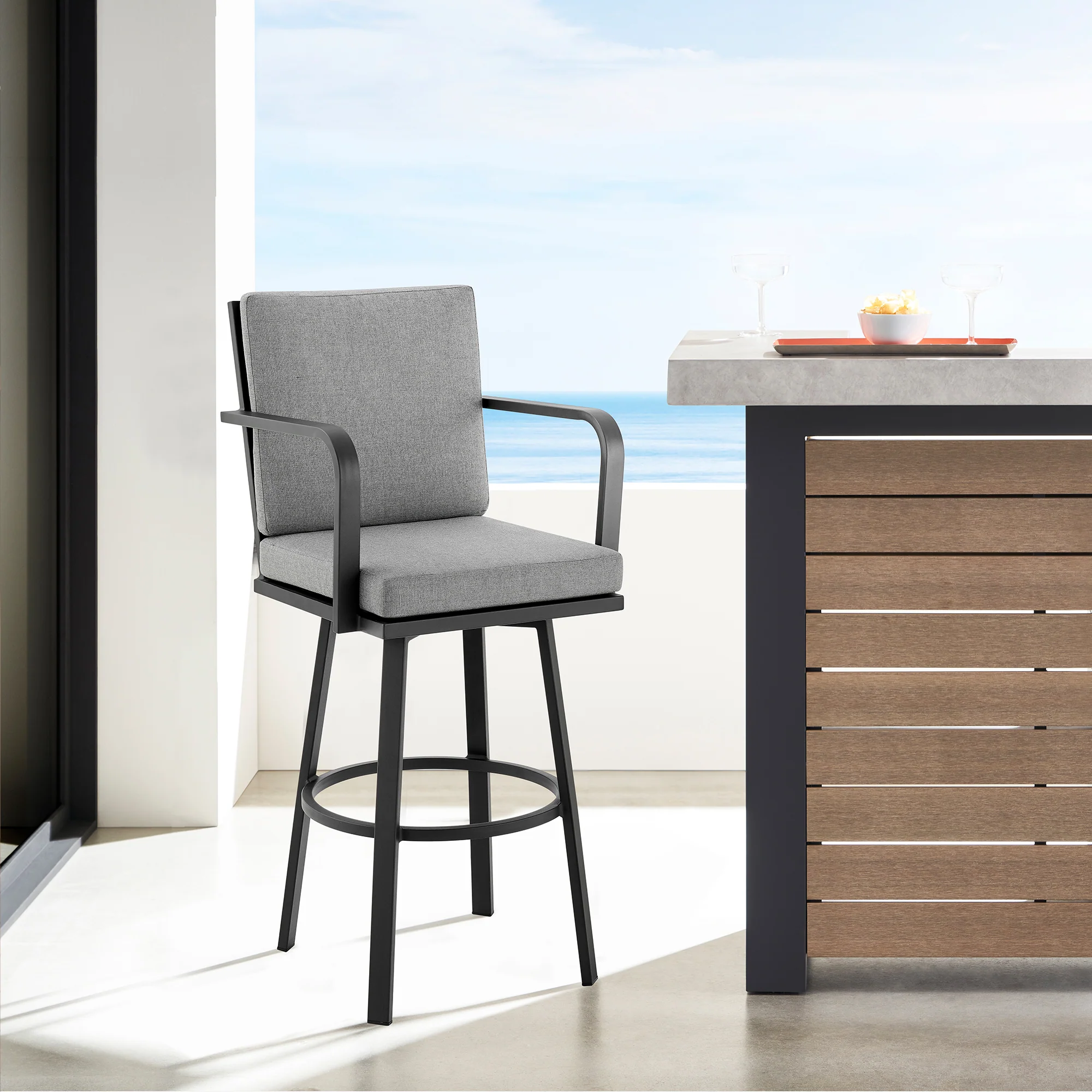 Don 30" Outdoor Patio Bar Stool in Black Aluminum with Grey Cushions By Armen Living