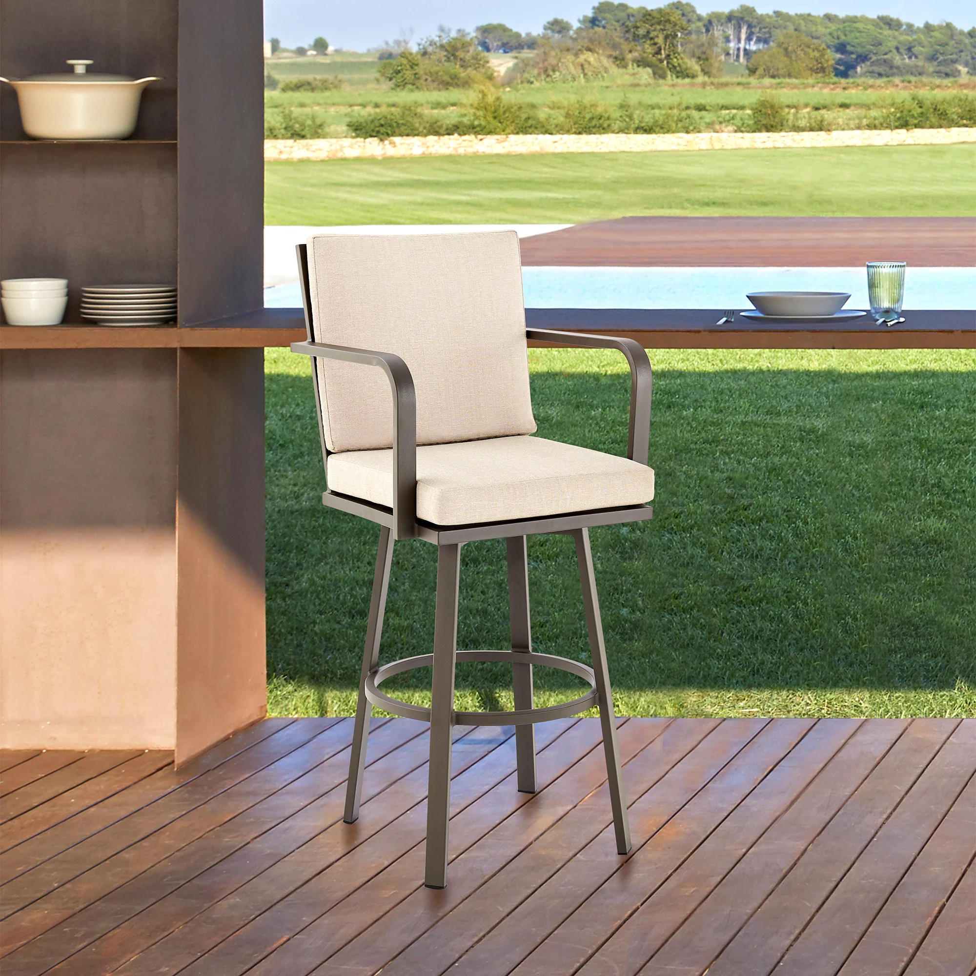 Don 30" Outdoor Patio Bar Stool in Black Aluminum with Grey Cushions By Armen Living - Image 11
