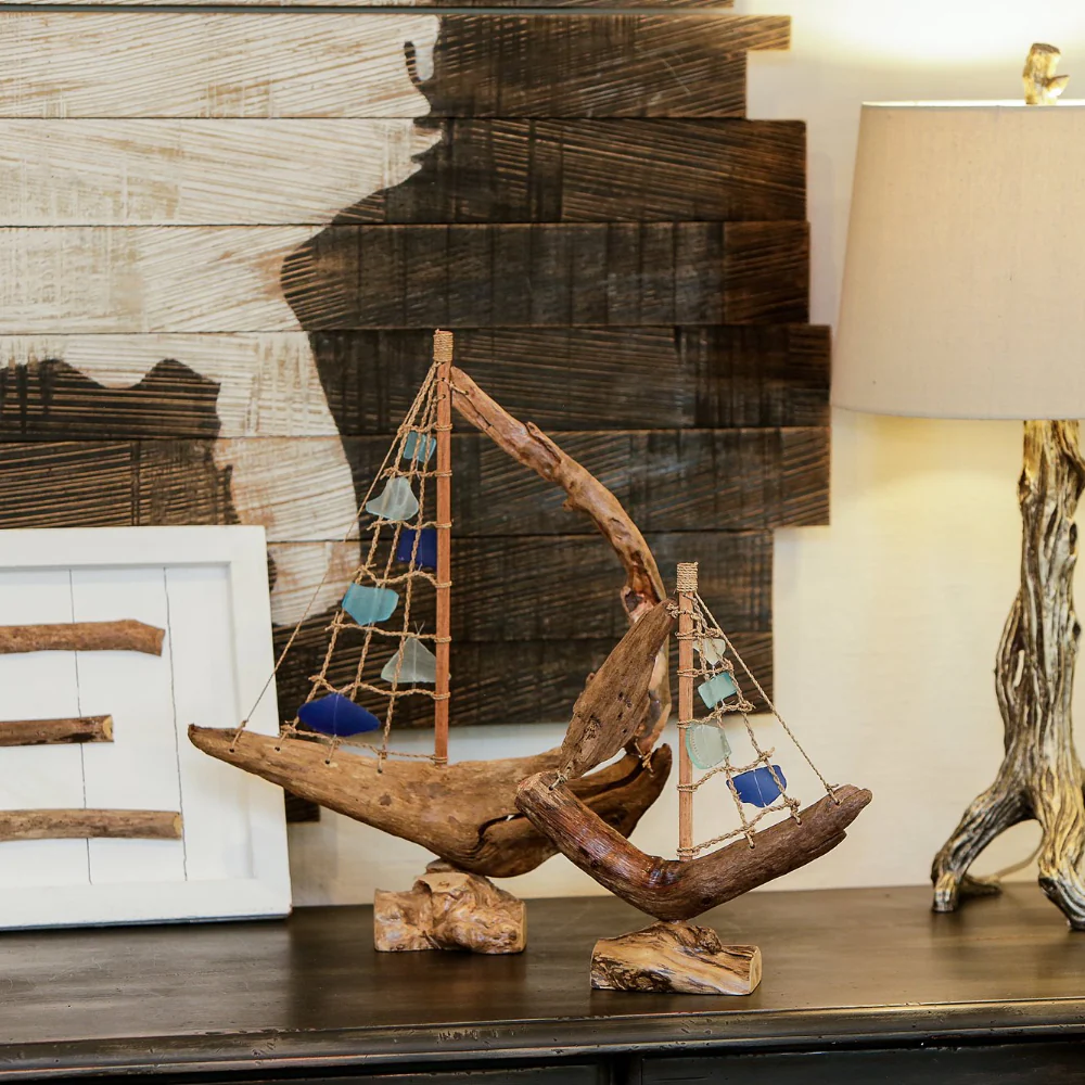 Driftwood Boat with Recycled Glass - Small 13"H Set of 4 By Garden Age Supply - Image 4