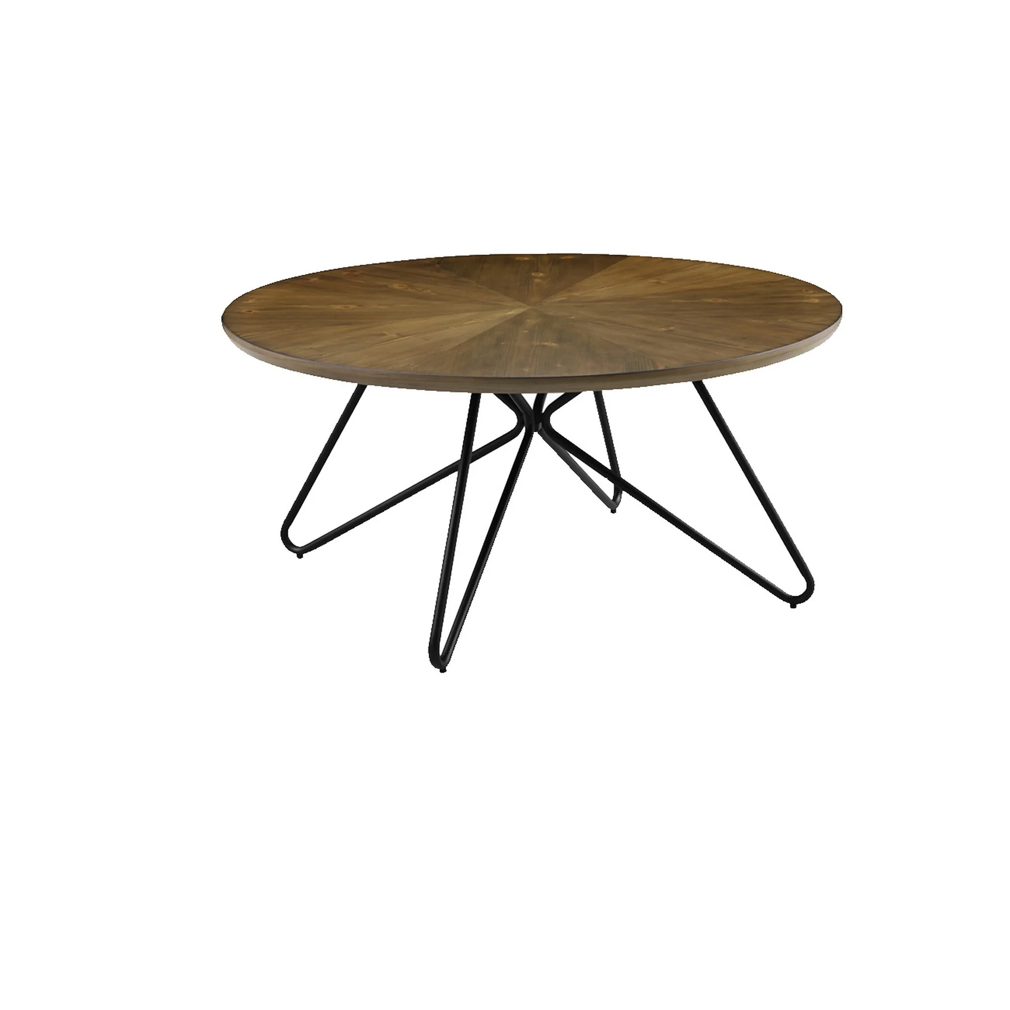 Dual Tone Round Wooden Coffee Table With Metal Hairpin Legs,Brown And Black By Benzara
