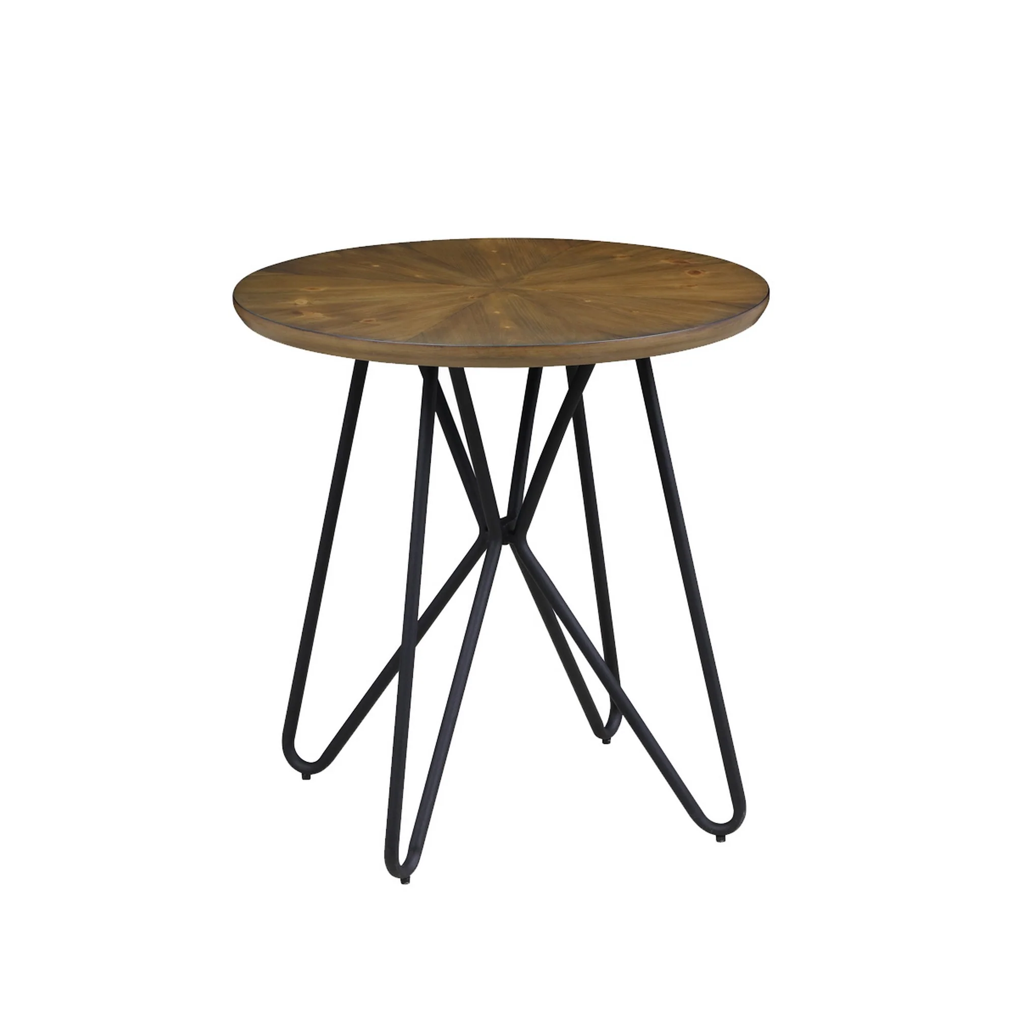 Dual Tone Round Wooden End Table With Metal Hairpin Legs, Brown And Black By Benzara