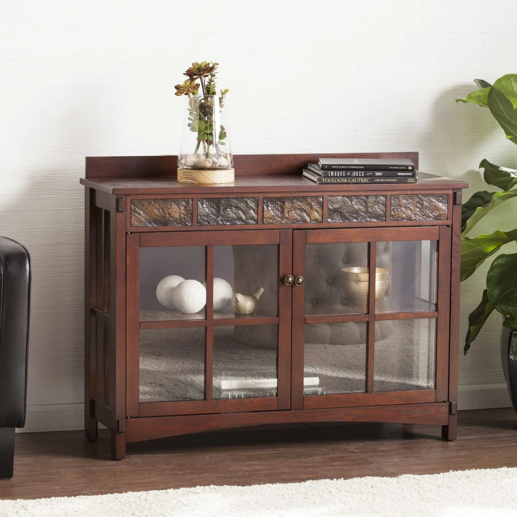 Earthy Mission Style Wood Slate And Glass Low Curio By Homeroots