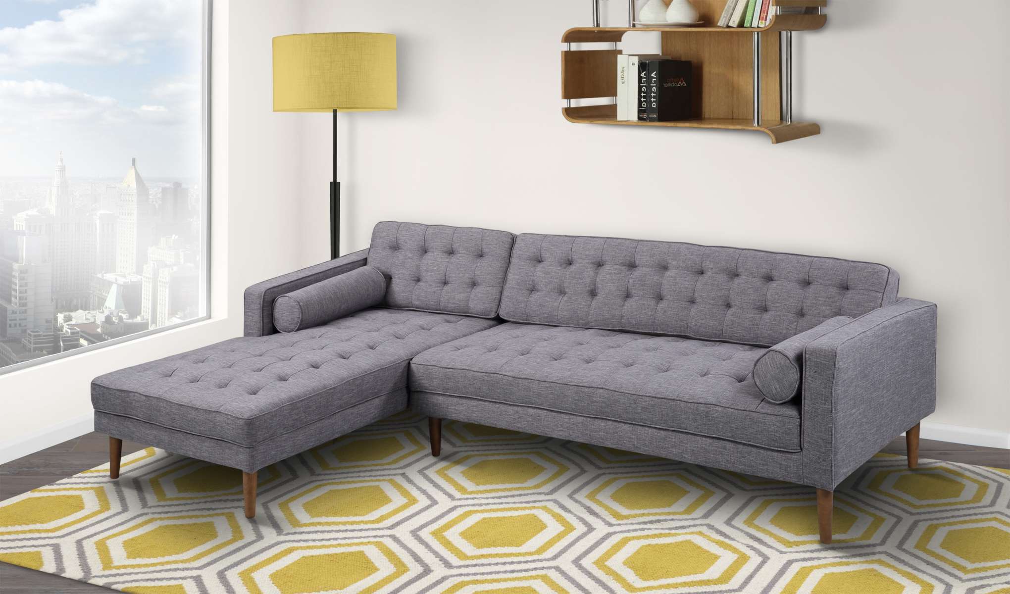 Element Left-Side Chaise Sectional in Dark Gray Linen and Walnut Legs By Armen Living