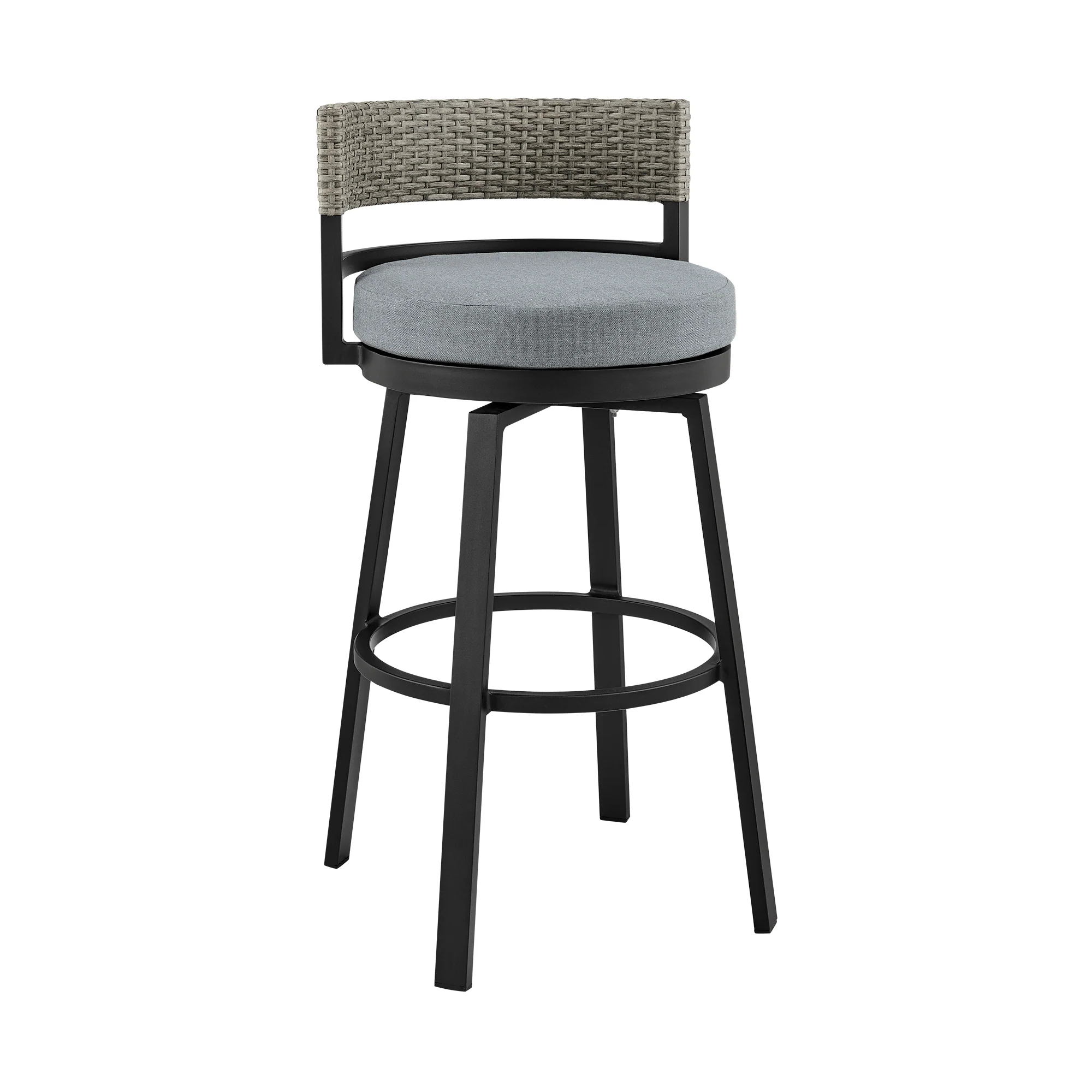 Encinitas Outdoor Patio Swivel Bar Stool in Aluminum and Wicker with Grey Cushions By Armen Living - Image 2