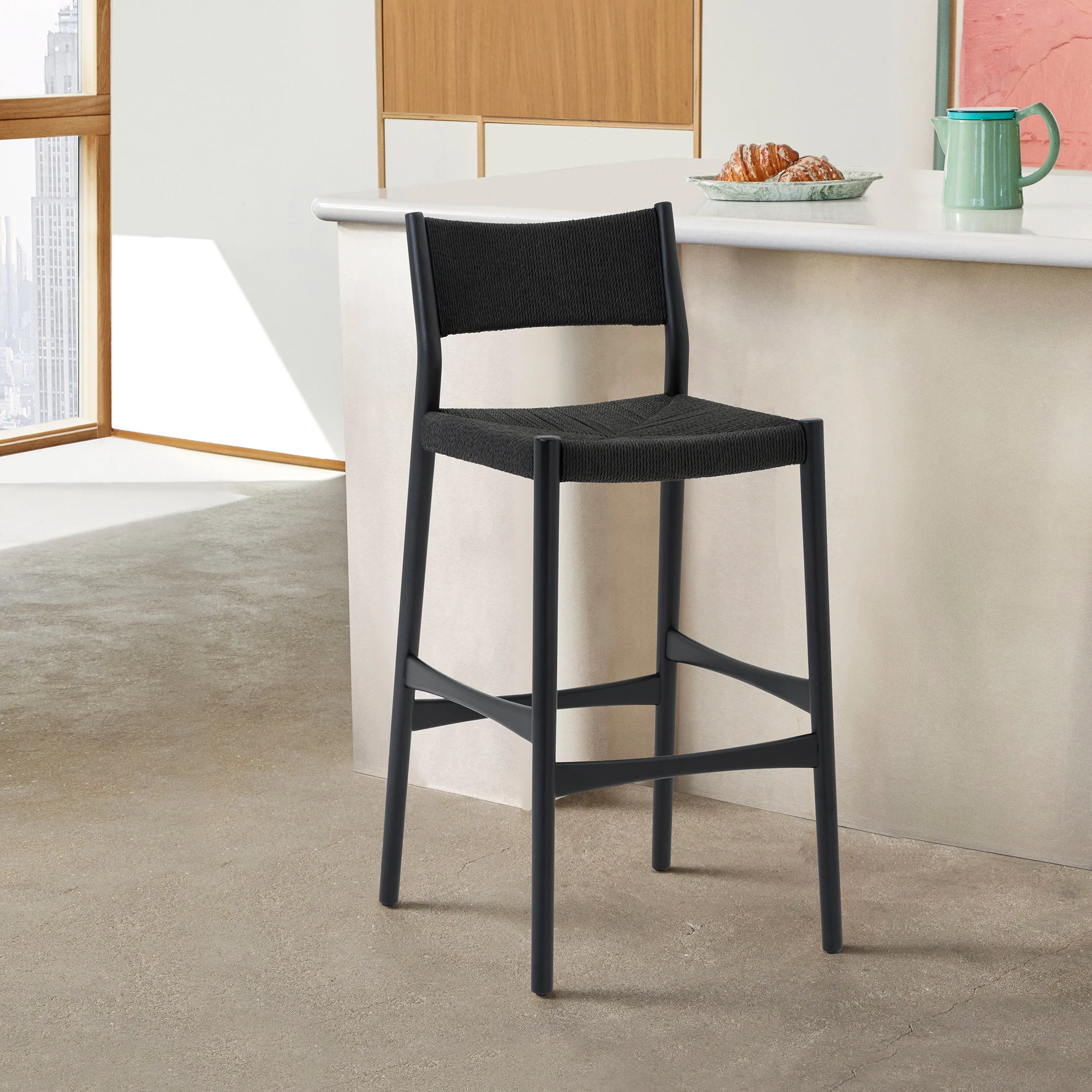 Erie Black Woven Paper Cord and Wood Bar Stool By Armen Living