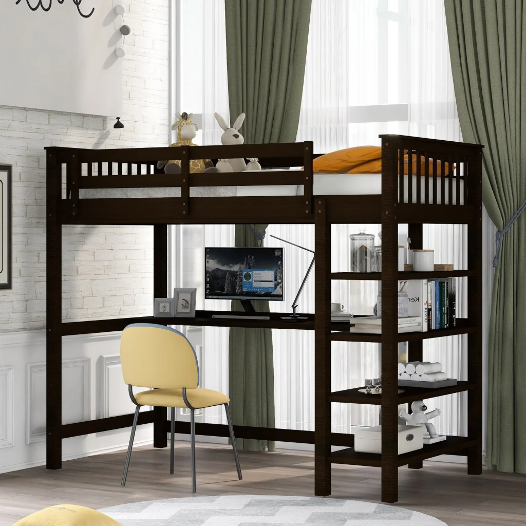 Espresso Twin Size Wood Loft Bed With Storage Shelves And Desk By Homeroots