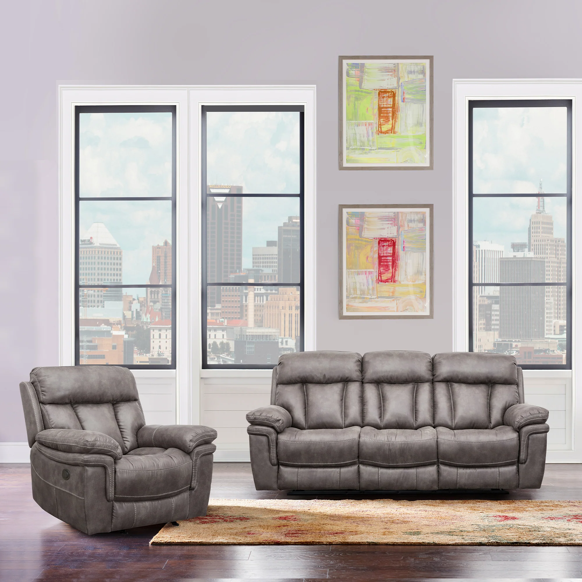 Estelle Power Reclining 2 Piece Sofa and Recliner Set in Gunmetal Fabric By Armen Living